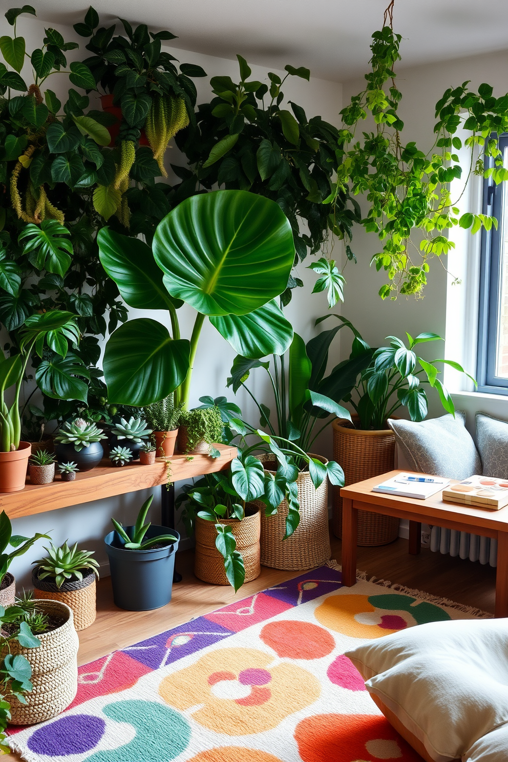 A nature-inspired decor setting filled with lush indoor plants. The space features a large fiddle leaf fig in the corner, surrounded by smaller succulents on a reclaimed wood shelf. A contemporary playroom designed for creativity and fun. The room includes a colorful rug, a low table with art supplies, and a cozy reading nook with oversized cushions.