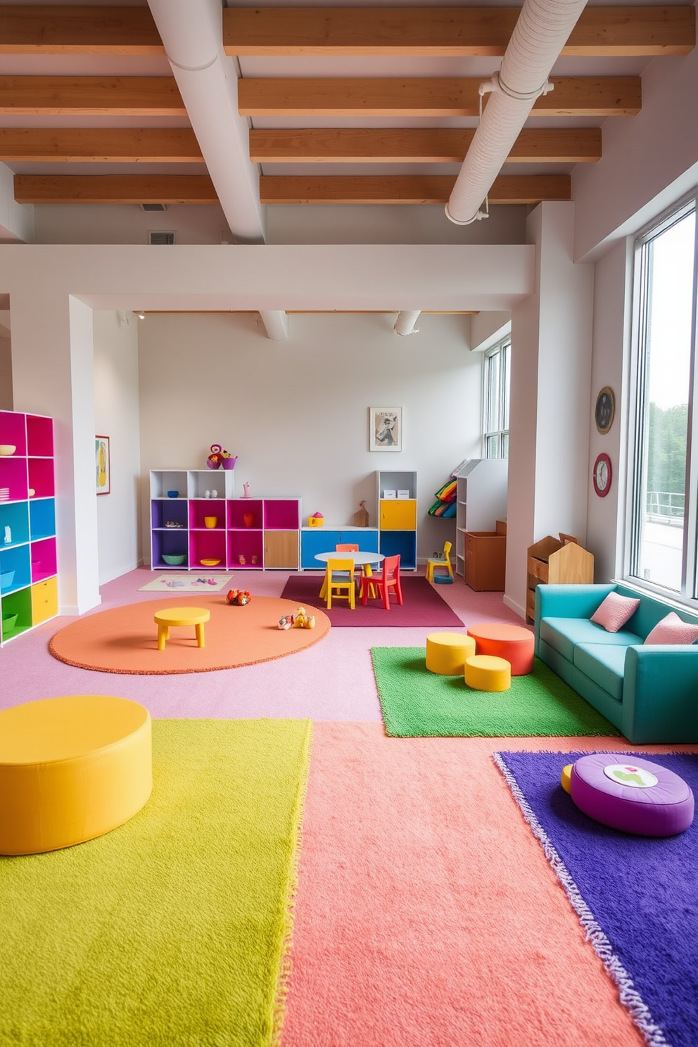 A vibrant playroom filled with colorful rugs that define distinct play areas. The space features playful furniture in bright hues, with soft seating and interactive toys scattered throughout.