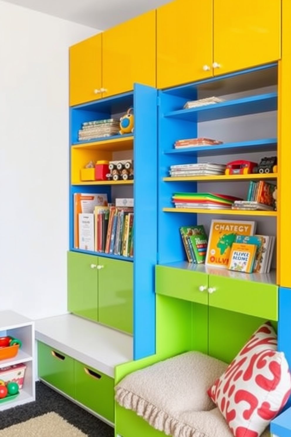 A contemporary playroom features wall-mounted storage units designed for space efficiency. Brightly colored shelves hold an array of toys and books, while a cozy reading nook with plush cushions invites relaxation.