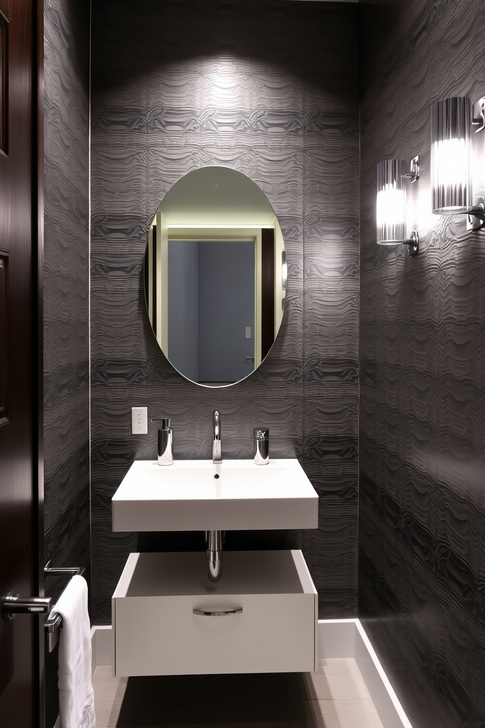 Textured wall panels create a striking backdrop in a contemporary powder room. The design features sleek fixtures, a floating vanity, and stylish lighting that enhances the overall ambiance.