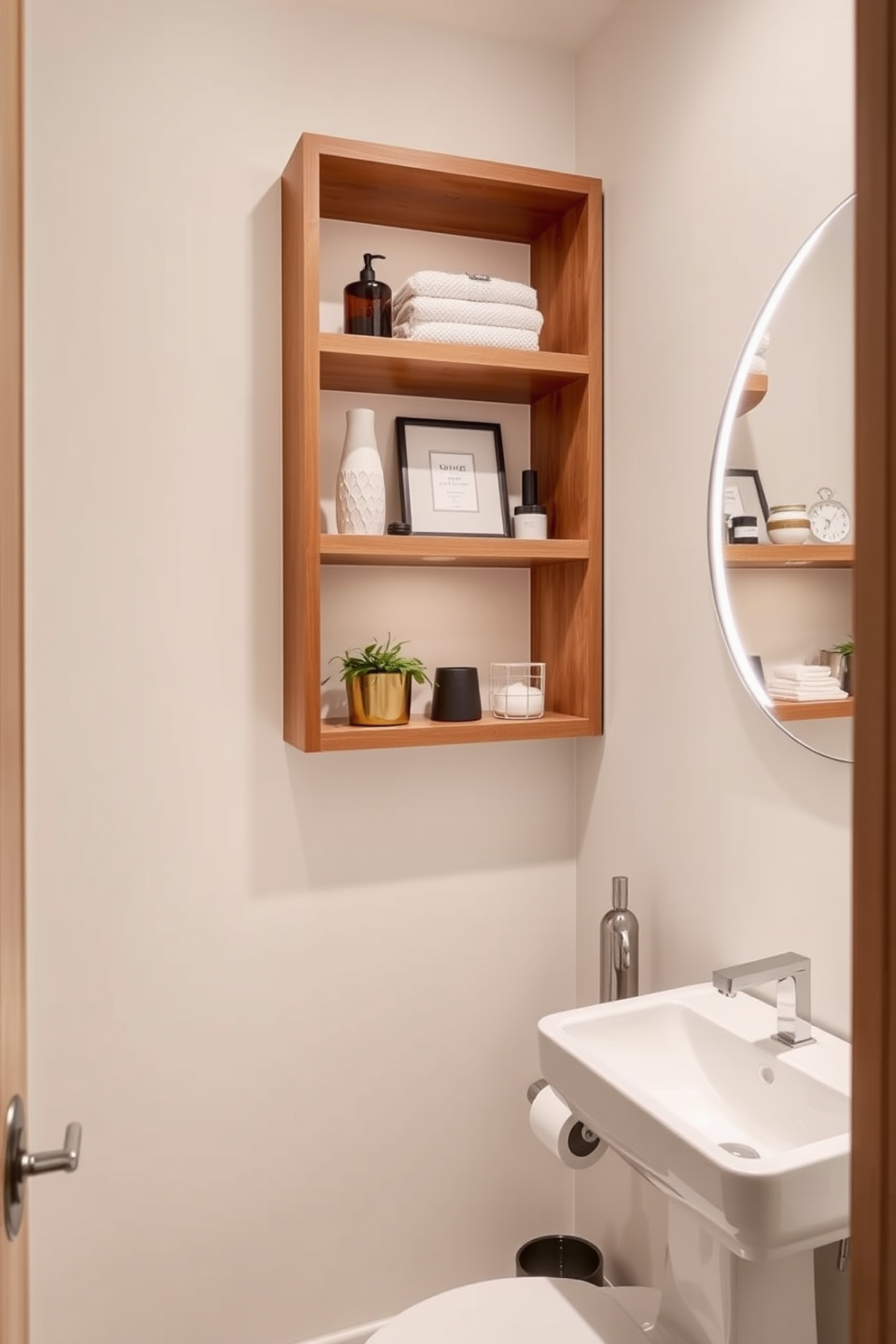 A contemporary powder room features open shelving made of sleek wood, displaying an array of decorative items and plants. The walls are painted in a soft neutral color, complementing the elegant fixtures and minimalist design elements.