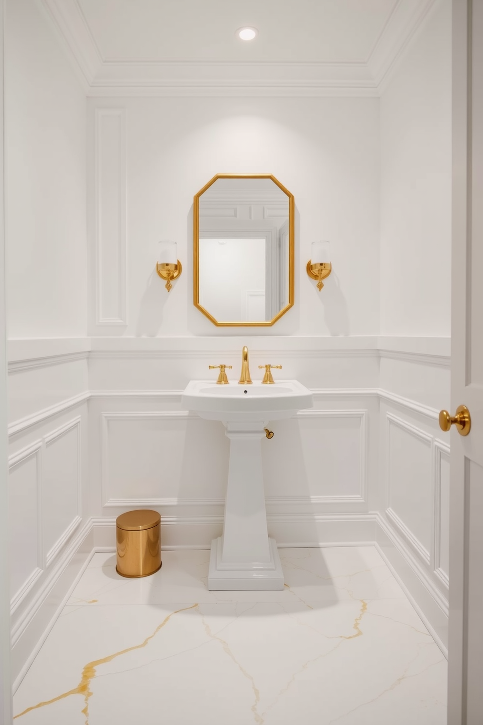 A contemporary powder room featuring a classic white and gold color scheme. The walls are adorned with white wainscoting, while the upper walls are painted in a soft white hue, creating a bright and airy atmosphere. A sleek gold-framed mirror hangs above a white pedestal sink, with elegant gold fixtures adding a touch of luxury. The flooring consists of large white tiles with subtle gold veining, complementing the overall design and enhancing the room's sophistication.