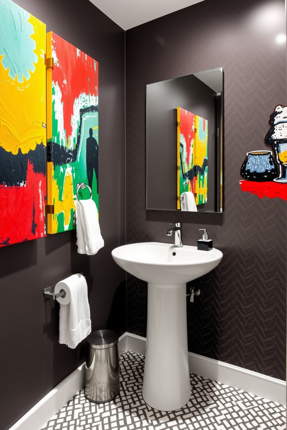 Artistic wall art to add personality. The walls are adorned with vibrant abstract paintings that create a striking focal point, complemented by sleek, modern fixtures and a chic, minimalist aesthetic. Contemporary powder room design ideas. A stylish pedestal sink is paired with a bold, geometric wallpaper, while a large mirror reflects the unique artwork, enhancing the room's sense of space and sophistication.