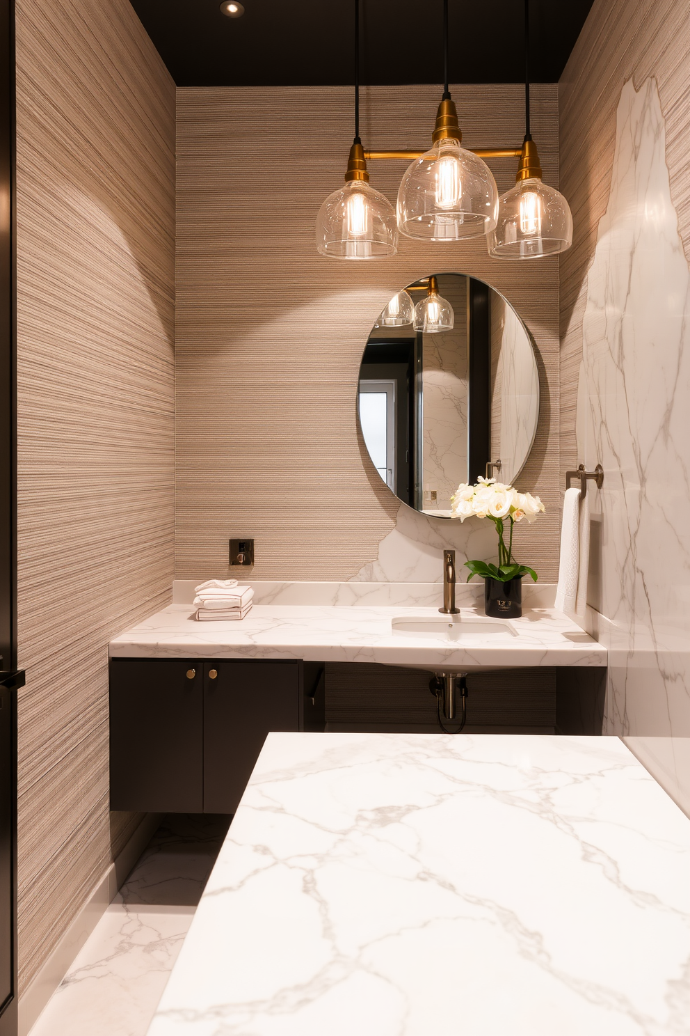 A contemporary powder room features luxurious marble countertops that exude sophistication and elegance. The space is accentuated with sleek fixtures and minimalist decor, creating a stylish yet functional atmosphere. The walls are adorned with a subtle textured wallpaper that complements the marble's natural veining. Elegant lighting fixtures provide a warm glow, enhancing the overall ambiance of the room.