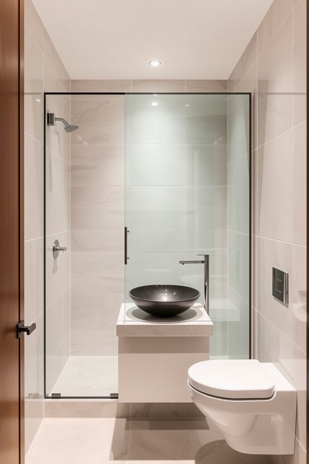 A contemporary powder room featuring a sleek glass shower enclosure that enhances the spacious feel of the space. The walls are adorned with elegant tiles in soft neutral tones, complemented by a minimalist floating vanity with a chic vessel sink.