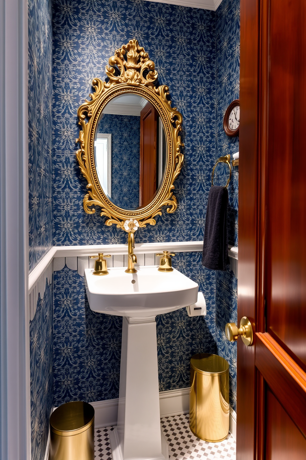 A contemporary powder room featuring vintage-inspired decor. The walls are adorned with patterned wallpaper that evokes a classic feel while complementing modern fixtures. A sleek pedestal sink is paired with an antique-style mirror framed in ornate gold. Accents of brass and rich wood tones bring warmth to the space, creating a harmonious blend of old and new.