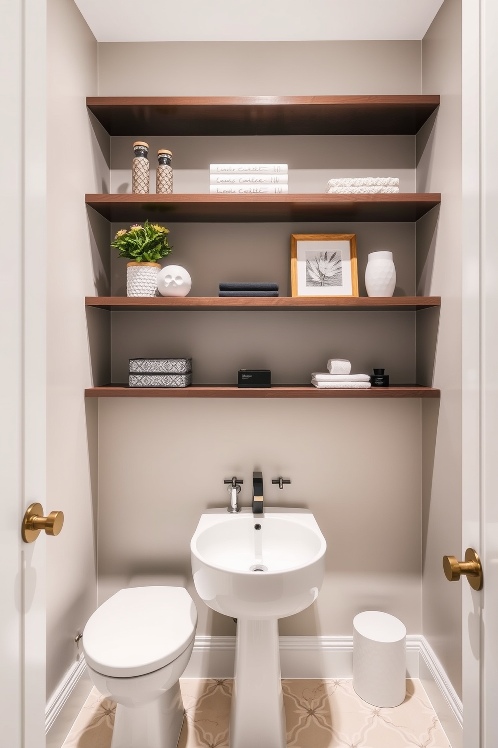 A contemporary powder room featuring sleek floating shelves adorned with carefully curated decorative accessories. The walls are painted in a soft neutral tone, and the floor is finished with elegant tiles that complement the overall aesthetic.