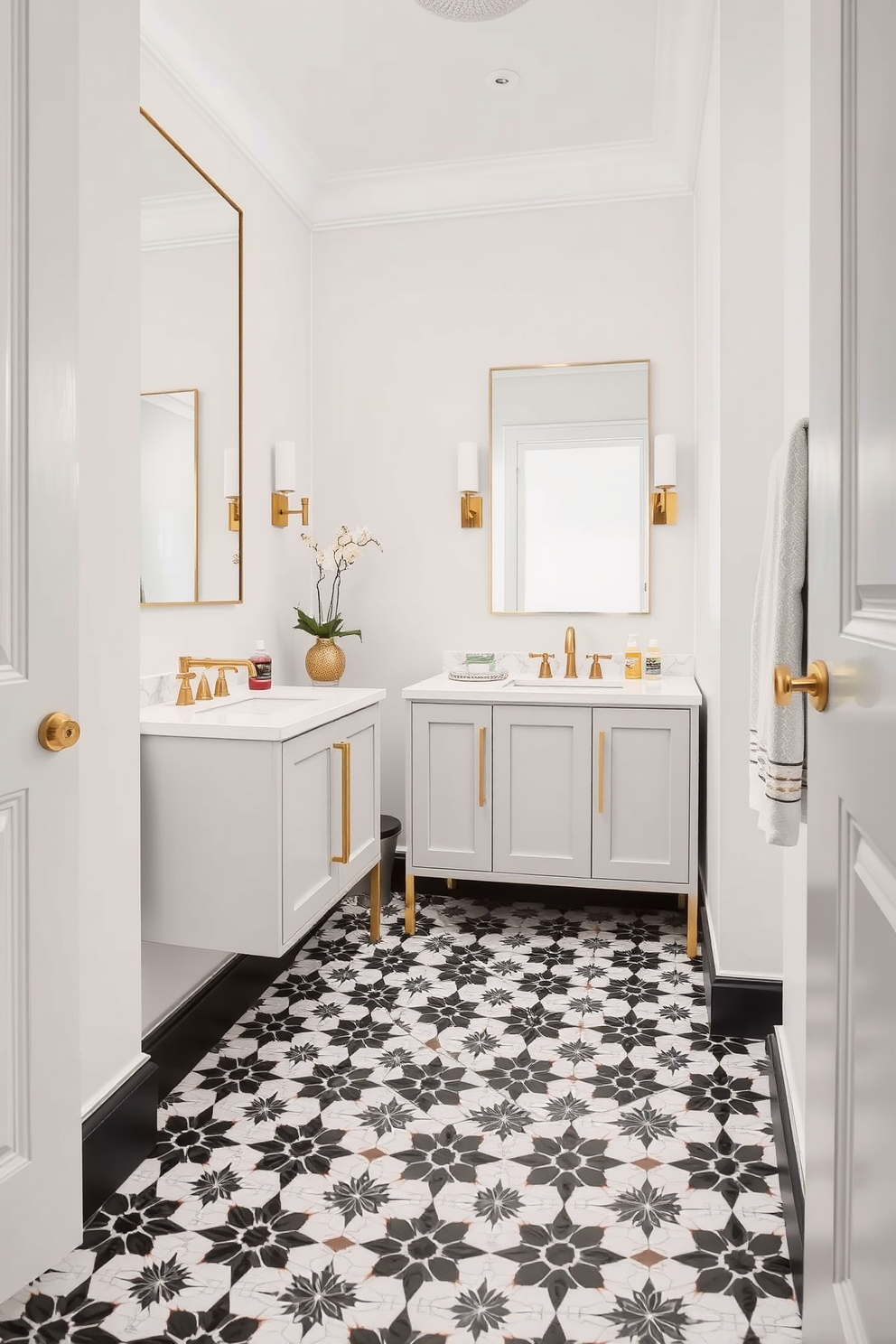 A contemporary powder room features boldly patterned floor tiles that create a striking focal point. The walls are adorned with a soft, neutral paint color, enhancing the vibrancy of the floor design. A sleek, modern vanity with a minimalist sink sits against one wall, complemented by elegant brass fixtures. Above the vanity, a large mirror reflects the stylish decor, making the space feel larger and more inviting.