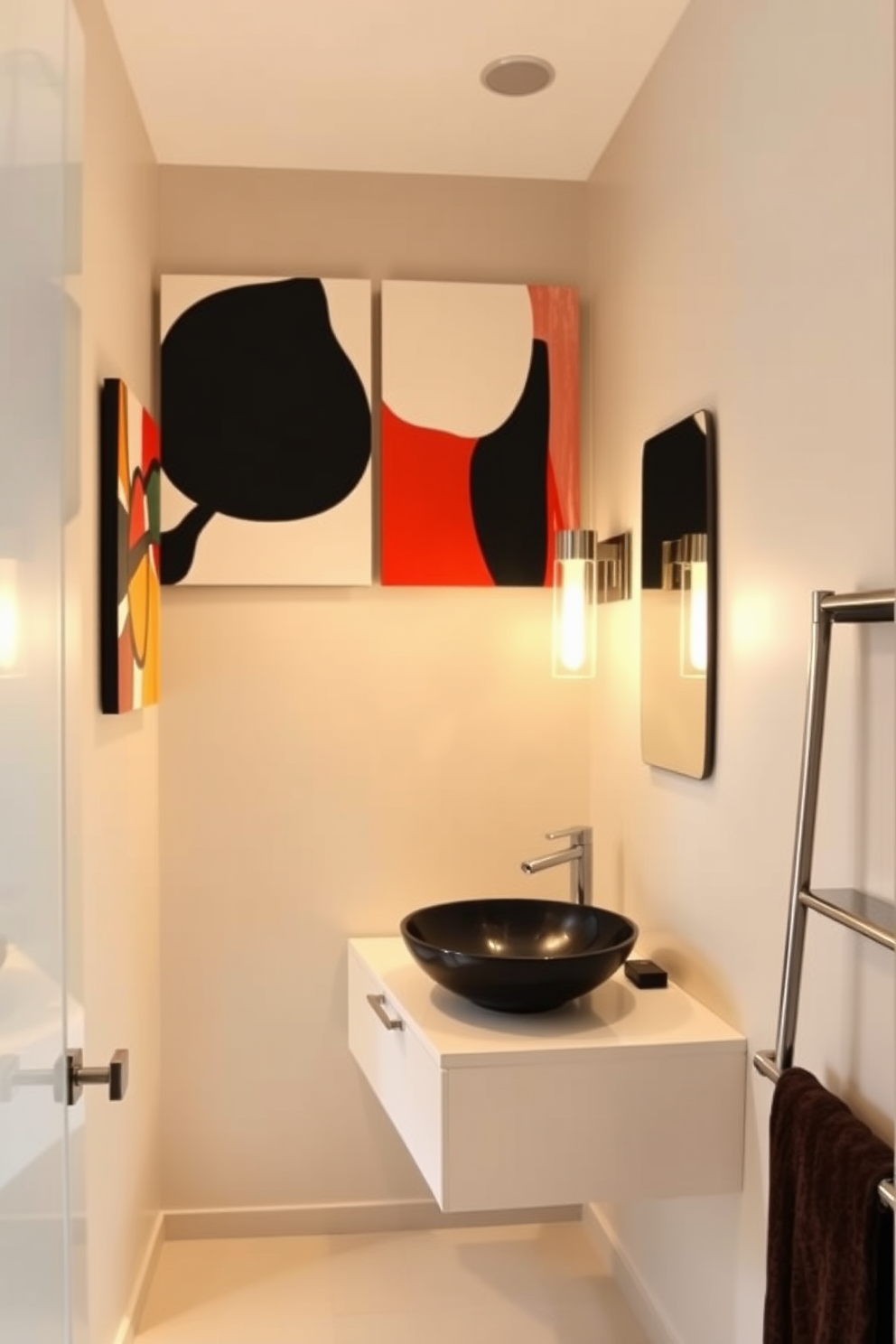 A contemporary powder room featuring sleek lines and minimalist design. The walls are adorned with bold contemporary artwork that adds a vibrant touch to the space. The vanity is a modern floating design with a chic vessel sink. Elegant lighting fixtures are mounted above the mirror, casting a warm glow throughout the room.