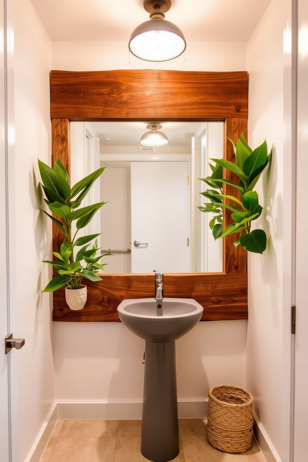 A contemporary powder room featuring natural elements for a fresh ambiance. The space includes a sleek pedestal sink and a large mirror framed in reclaimed wood, enhancing the organic feel. Lush green plants are strategically placed in the corners, adding life to the room. The walls are painted in a soft neutral tone, complemented by a stylish light fixture that casts a warm glow.