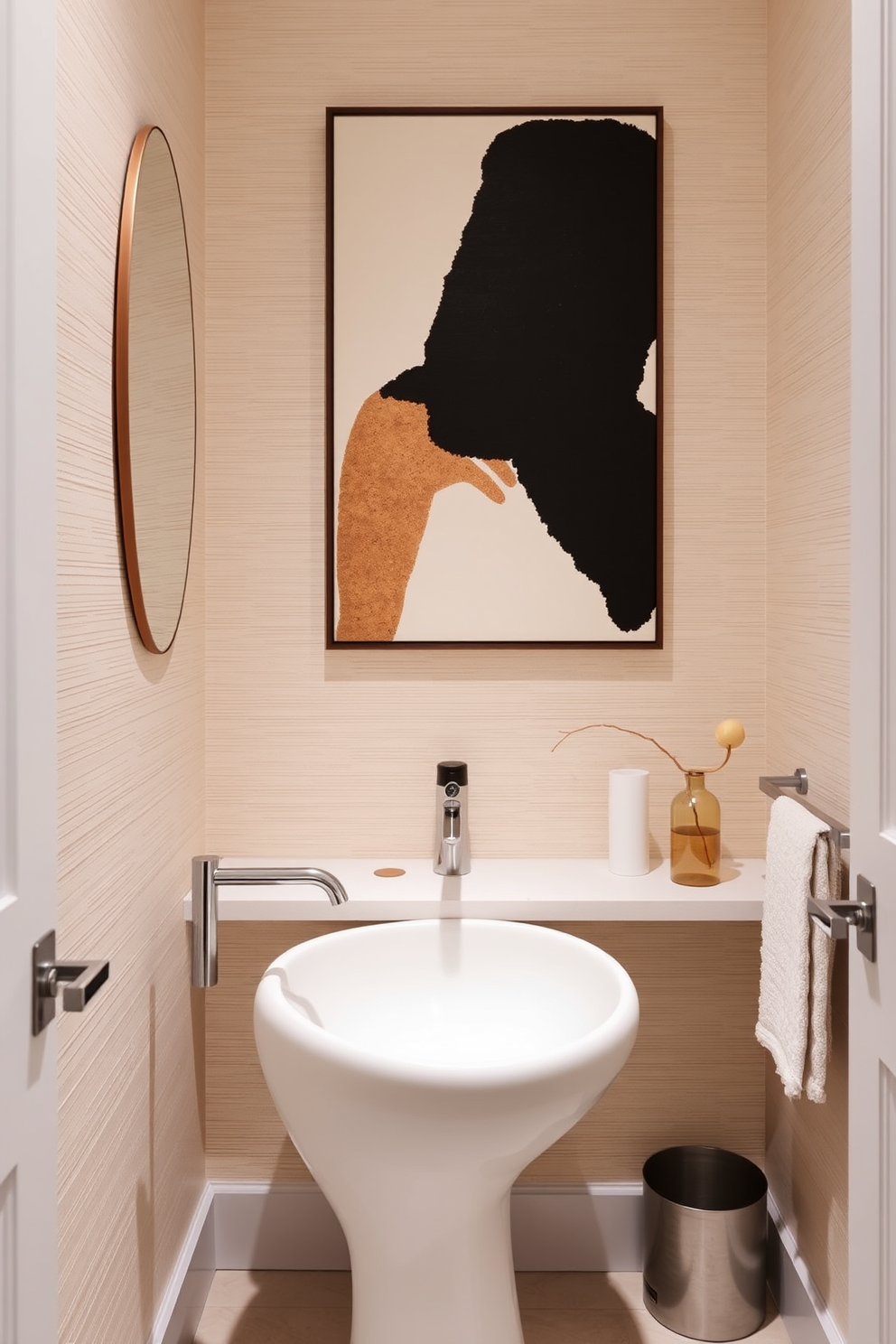 A contemporary powder room featuring unique shapes in the sink and fixtures. The sink has an organic, asymmetrical design that seamlessly integrates with the sleek, modern fixtures. The walls are adorned with a textured wallpaper in soft neutral tones, creating a warm ambiance. A bold, abstract art piece hangs above a minimalist console table, enhancing the room's artistic flair.