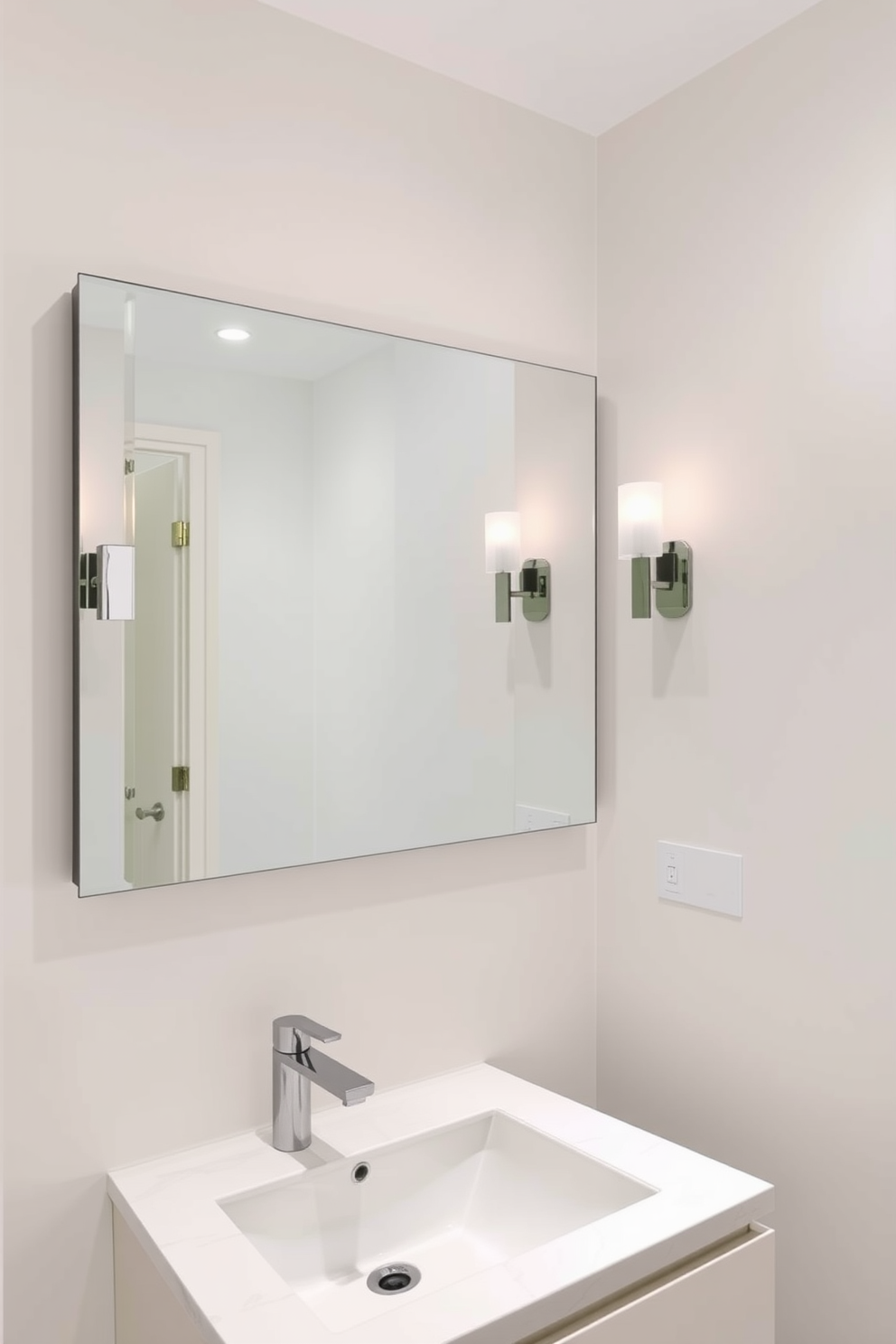 A contemporary powder room featuring a large wall-mounted mirror that reflects light and creates an illusion of spaciousness. The room is adorned with sleek fixtures and a minimalist vanity that complements the modern aesthetic. The walls are painted in a soft neutral tone, enhancing the bright and airy feel of the space. Stylish lighting fixtures are strategically placed to highlight the mirror and add warmth to the overall design.