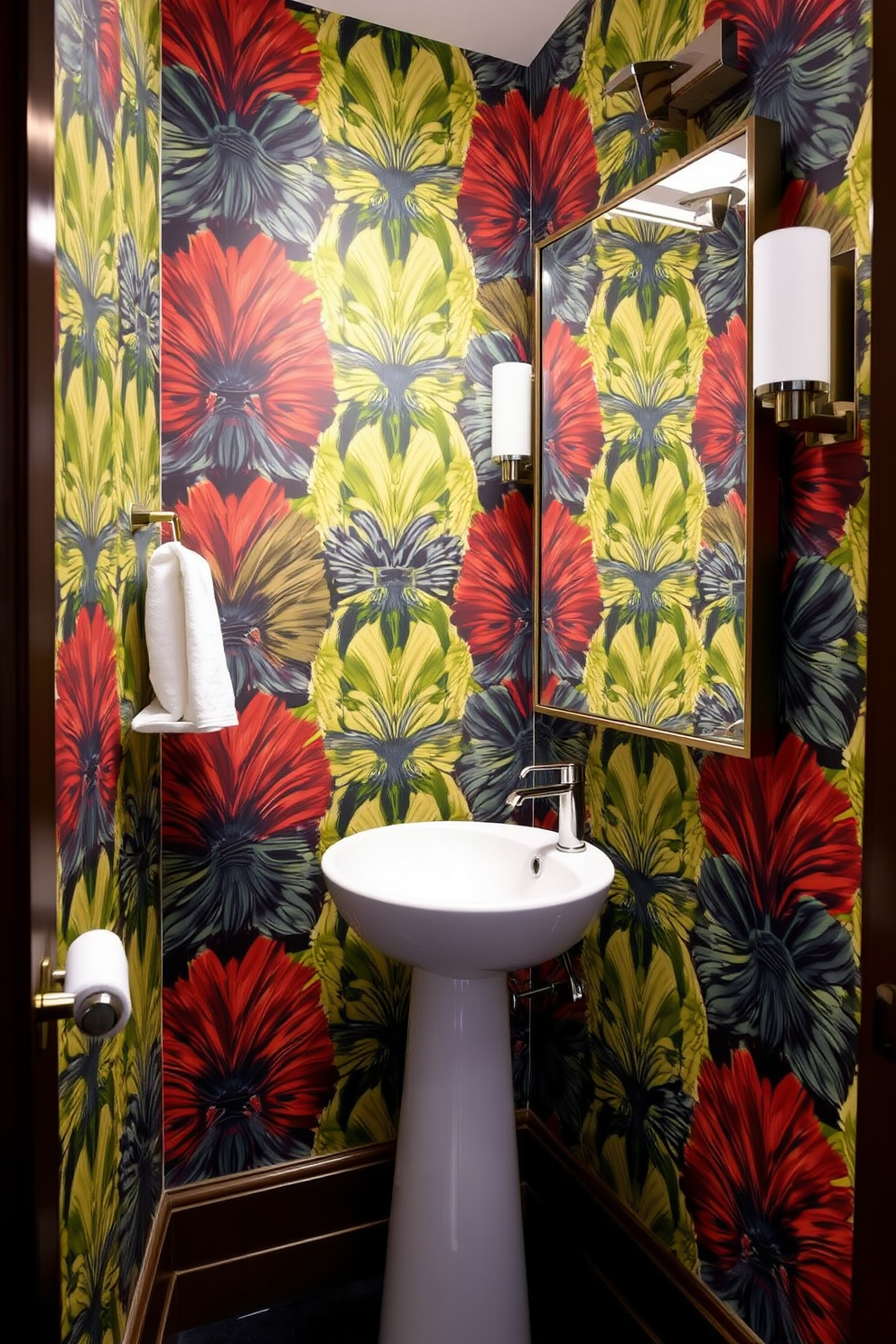 A contemporary powder room featuring bold wallpaper with vibrant colors that create a striking focal point. The space is accented with a sleek pedestal sink and modern fixtures, complemented by a stylish mirror that enhances the overall design.