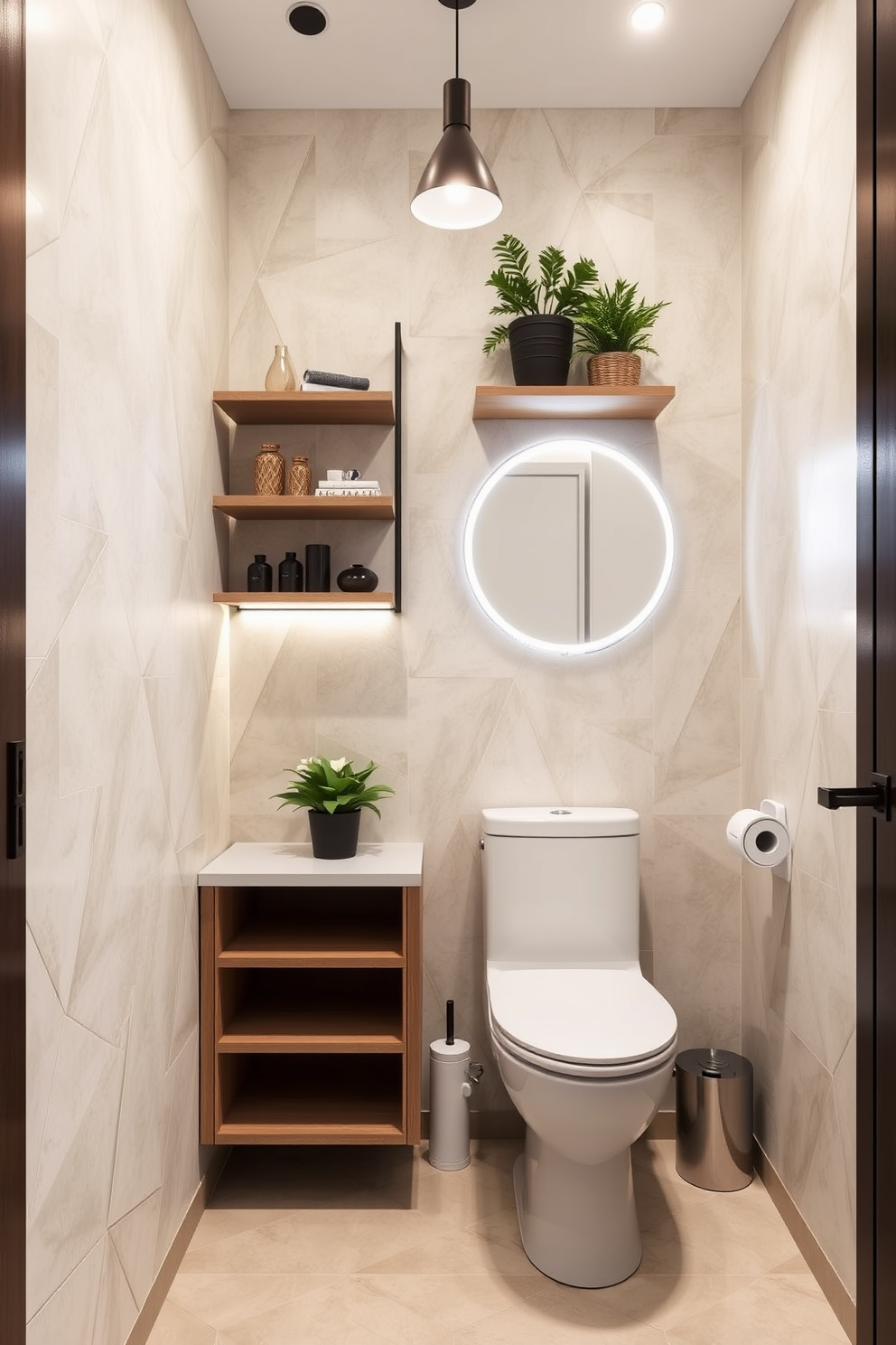 A contemporary powder room features a sleek floating vanity with integrated storage. The walls are adorned with geometric tiles in soft neutral tones, and a round mirror with built-in LED lighting adds a modern touch. Clever shelving units are installed above the toilet, showcasing decorative items and plants. The space is illuminated by pendant lights that enhance the room's stylish ambiance while maximizing functionality.