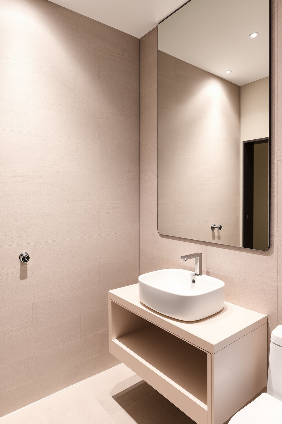 A contemporary powder room featuring a large frameless mirror that creates an illusion of spaciousness. The walls are adorned with sleek, textured tiles in soft neutral tones, complemented by a stylish floating vanity with a minimalist sink.