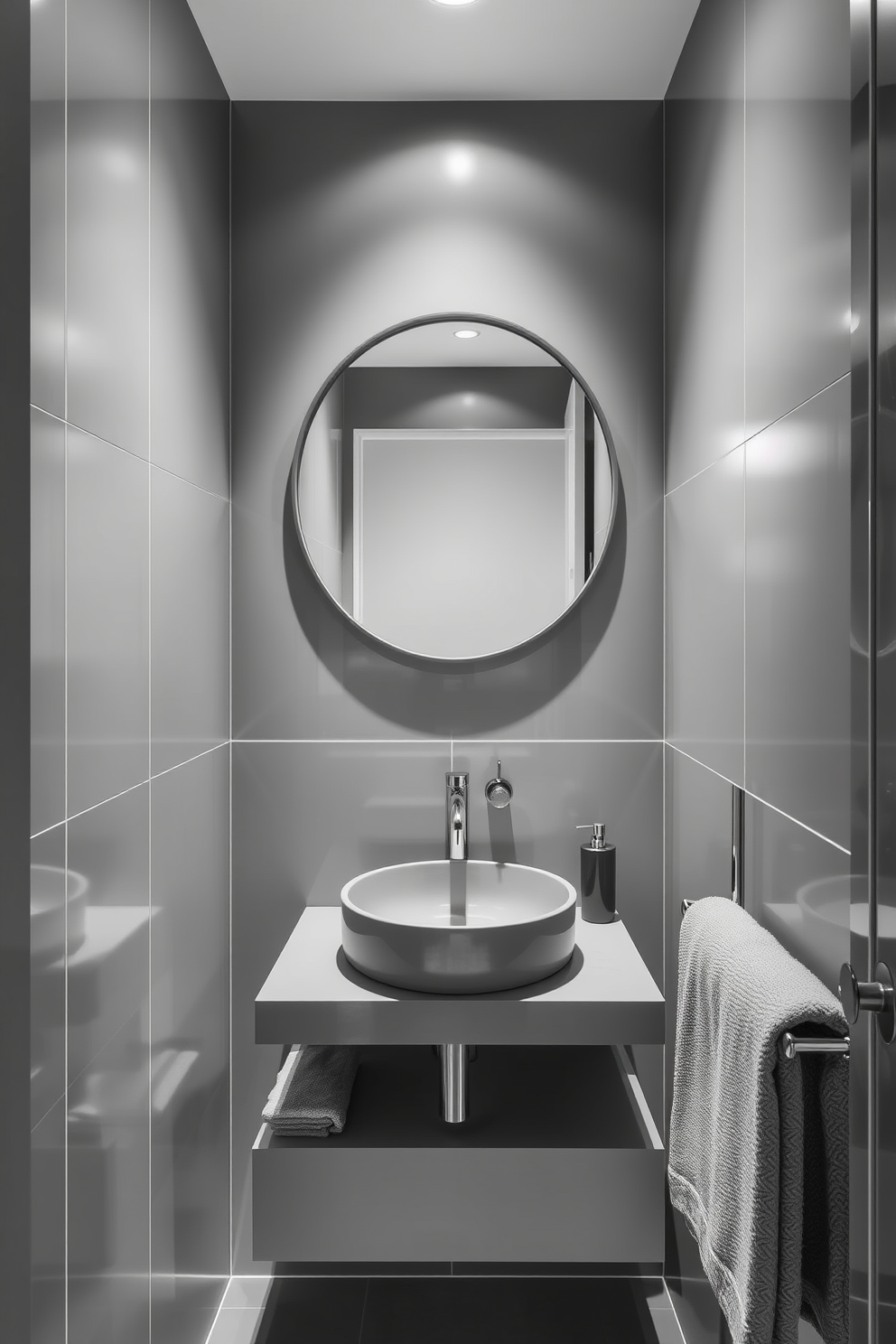 A chic powder room featuring a monochromatic color scheme in varying shades of gray. The walls are adorned with sleek gray tiles, and a minimalist floating vanity showcases a polished gray sink. Soft ambient lighting highlights the elegant design, creating a serene atmosphere. A large round mirror with a thin gray frame reflects the sophisticated decor, while plush gray towels are neatly arranged on a stylish rack.