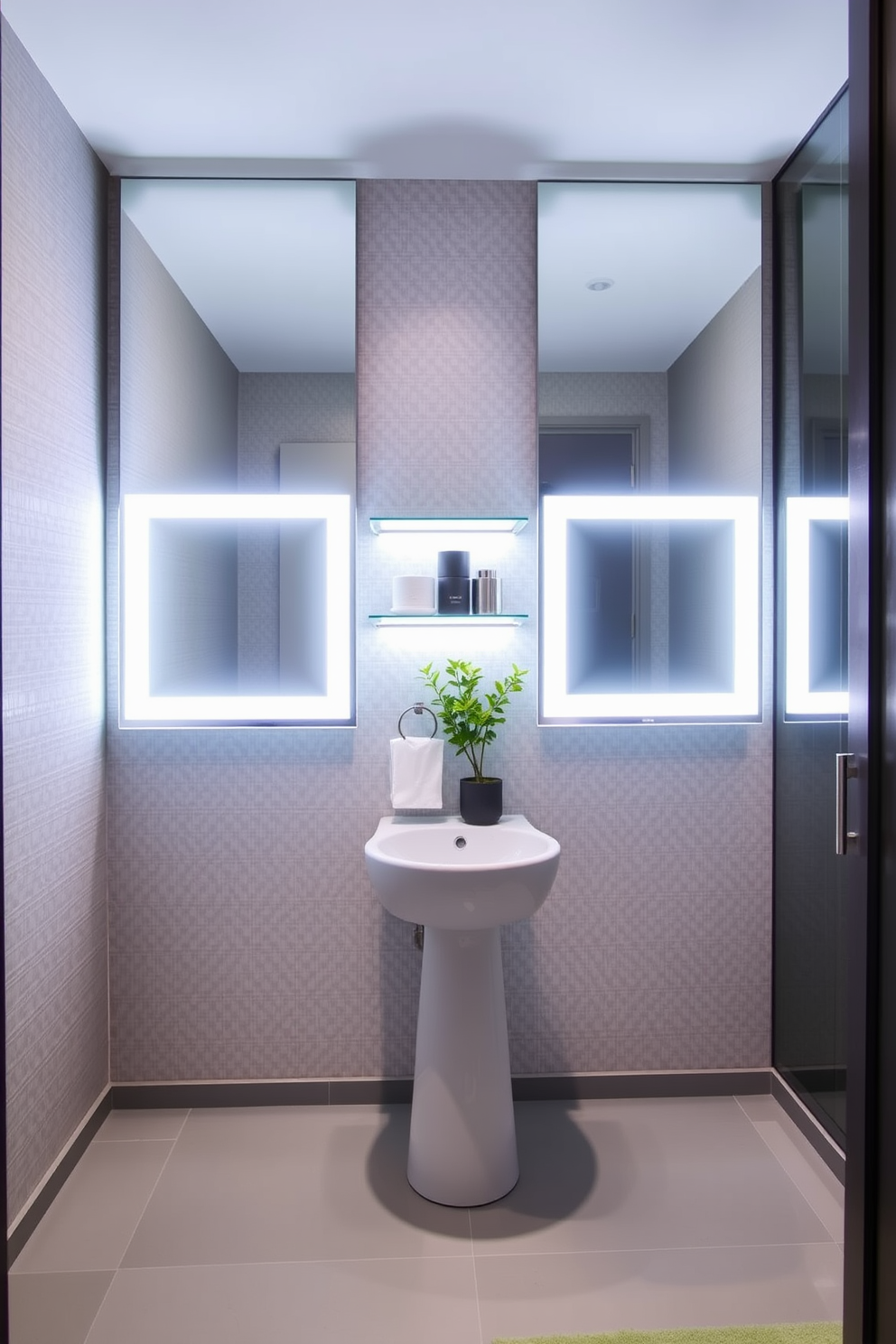 A contemporary powder room featuring sleek backlit mirrors that create a modern ambiance. The walls are adorned with textured wallpaper in a soft neutral tone, and the flooring is a polished light gray tile. A chic pedestal sink sits beneath the illuminated mirrors, complemented by stylish brushed nickel fixtures. Accent lighting highlights a minimalist shelf displaying decorative items and fresh greenery.