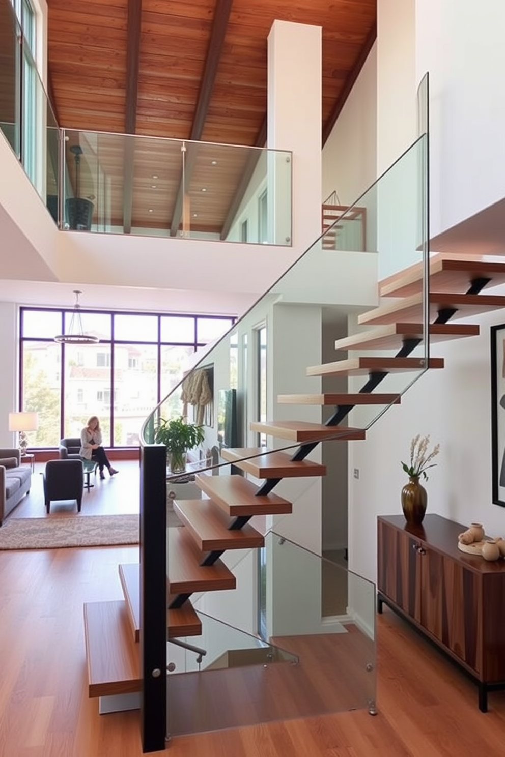 Open riser staircase with a sleek glass railing creates an airy and modern feel in the space. The staircase features minimalist wooden treads that seamlessly blend with the surrounding decor, enhancing the contemporary aesthetic.