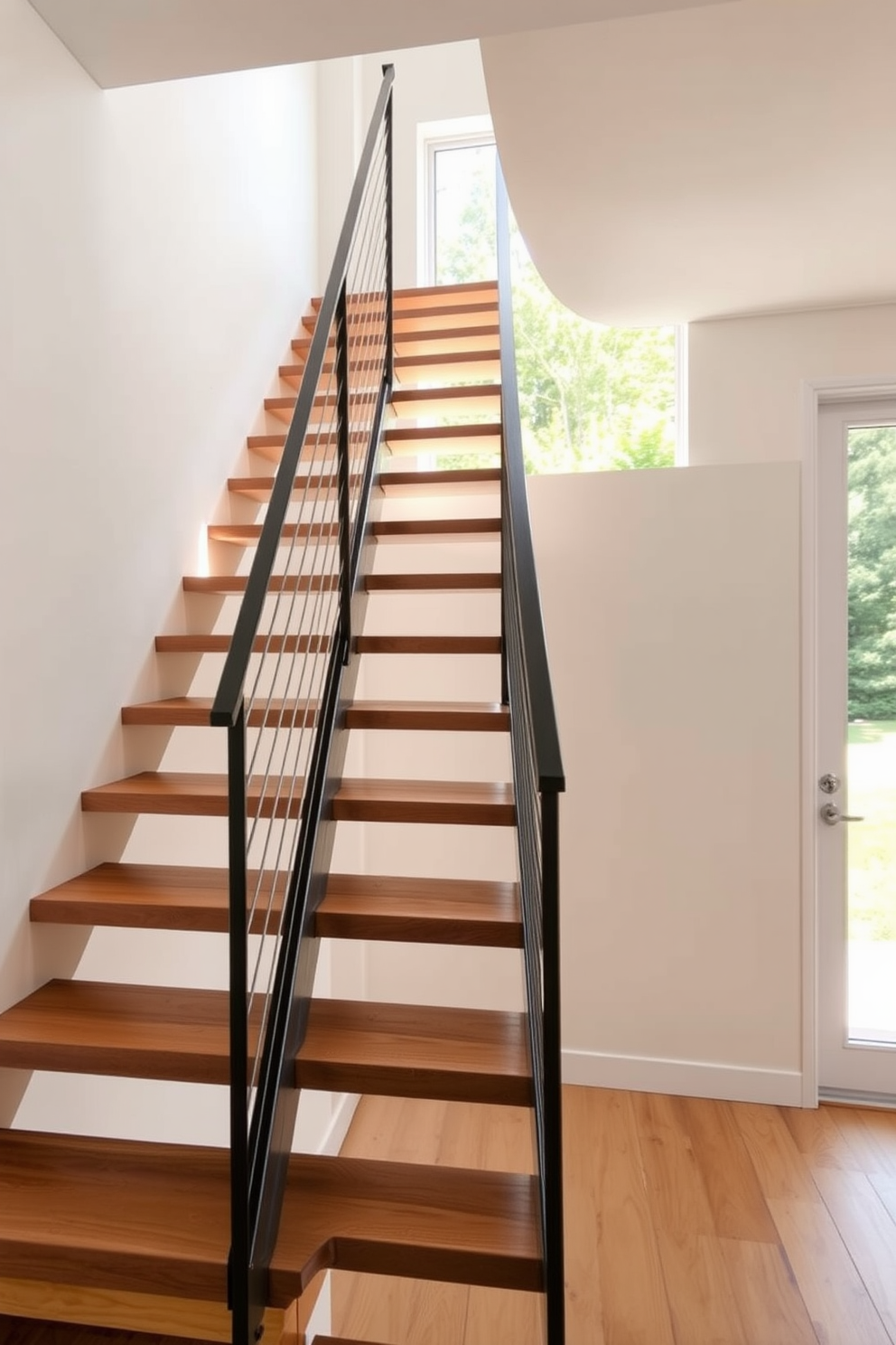 A ladder-style staircase designed for small spaces features sleek wooden steps that create an illusion of openness. The staircase is complemented by minimalist metal railings, enhancing the modern aesthetic while maximizing functionality. Natural light floods the area through a large window nearby, illuminating the staircase and creating a warm atmosphere. The walls are painted in a soft white, allowing the staircase to stand out as a striking focal point in the room.