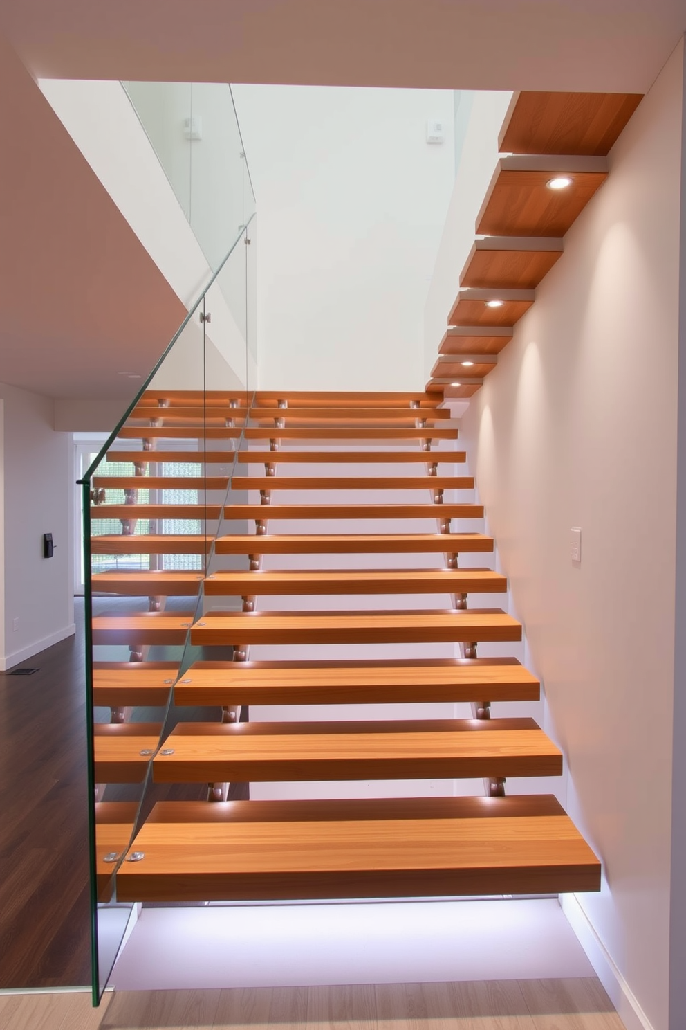 A cantilevered staircase with sleek lines and a minimalist design creates a striking focal point in a modern home. The staircase features floating wooden treads supported by hidden metal brackets, enhancing the sense of openness and space. The balustrade is made of clear glass, allowing natural light to flow freely while providing a sense of safety. The staircase is illuminated by recessed lighting, highlighting its architectural beauty and adding a warm ambiance to the surrounding area.