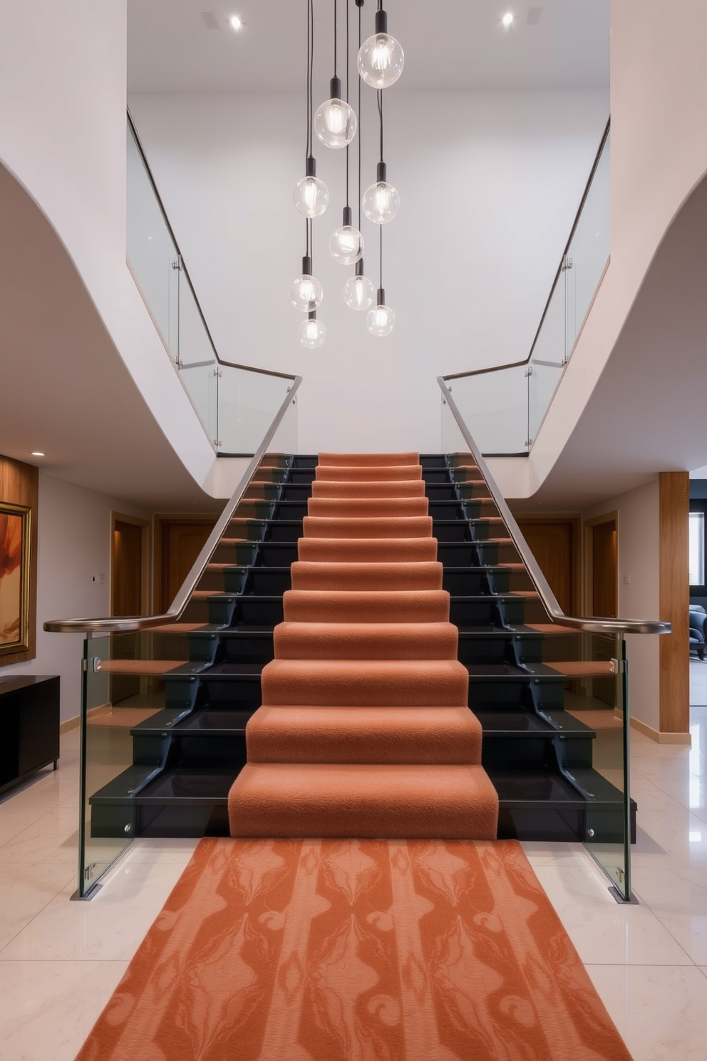 A wide staircase features a plush runner carpet that adds warmth and elegance to the space. The staircase is flanked by sleek glass railings and illuminated by modern pendant lights cascading from the ceiling.