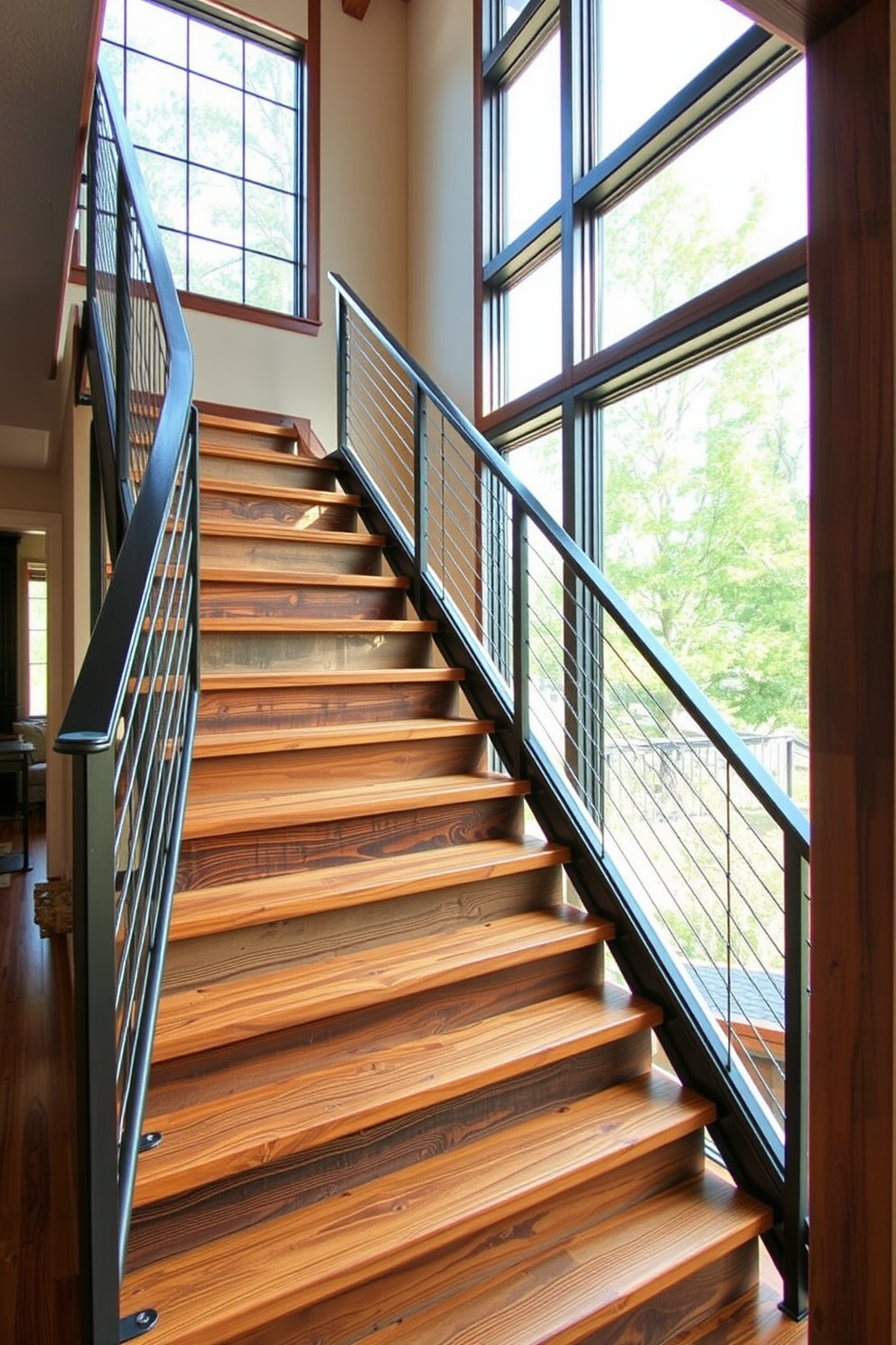 A staircase featuring reclaimed wood accents creates a warm and inviting atmosphere. The steps are crafted from weathered wood, showcasing natural textures and tones that enhance the overall aesthetic. The railing is a sleek metal design that contrasts beautifully with the rustic wood. Large windows nearby allow natural light to flood the space, highlighting the unique features of the staircase.