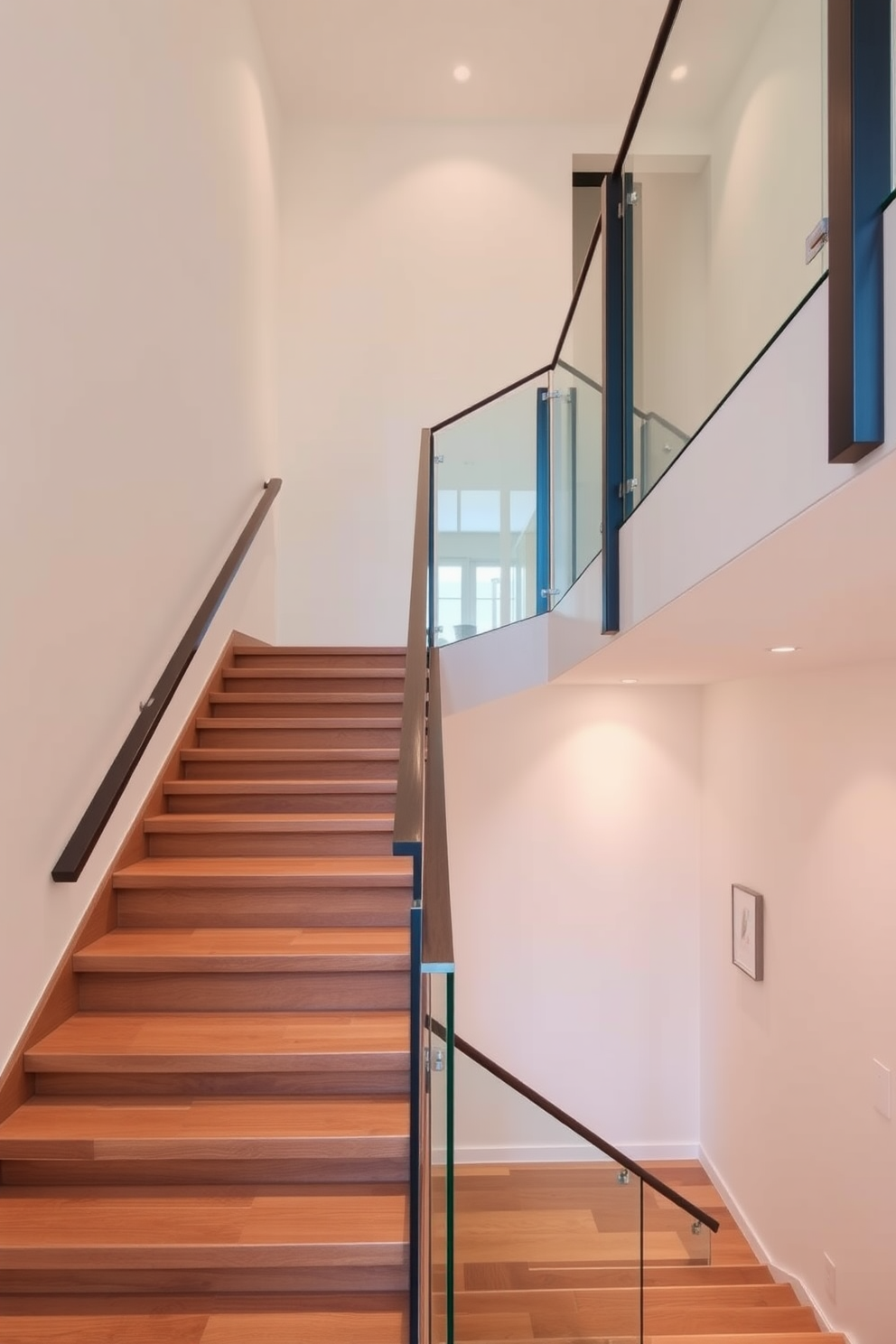 A split-level staircase gracefully connects multiple levels of the home, featuring sleek wooden treads and a minimalist glass railing that enhances the open feel of the space. The staircase is illuminated by strategically placed recessed lighting, casting a warm glow that highlights the architectural details and adds a touch of modern elegance.