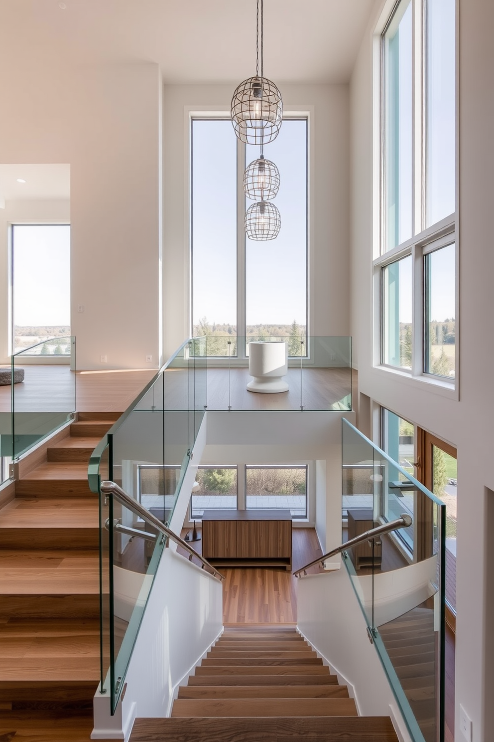 An open concept staircase with sleek glass railings elegantly connects the different levels of the home. Natural light floods the space through large windows, highlighting the minimalist design and surrounding views. The staircase features wooden treads that create a warm contrast against the modern architectural elements. Decorative pendant lights hang above, adding a touch of sophistication to the overall contemporary aesthetic.