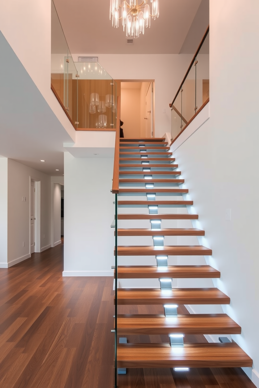 A stunning floating staircase that seamlessly blends into a modern living space. The steps are crafted from rich hardwood, and soft under-step lighting illuminates the path, creating a warm ambiance. The staircase features sleek glass railings that enhance the open feel of the room. Above, a stylish chandelier adds a touch of elegance, complementing the contemporary design aesthetic.