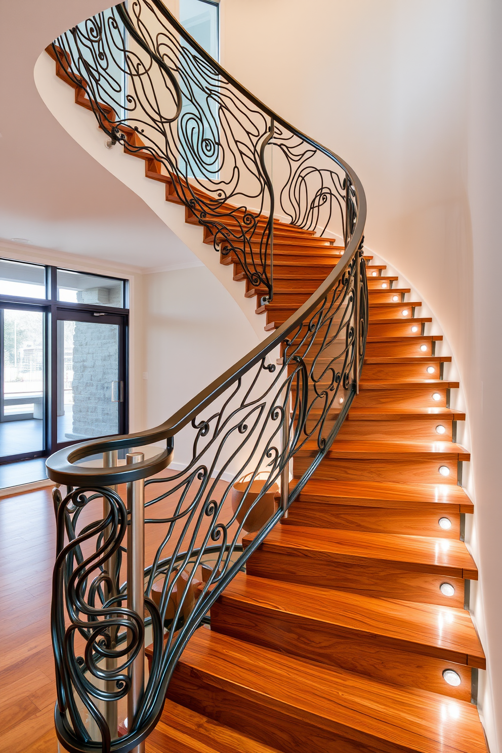 Artistic staircase with sculptural elements. The staircase features flowing curves and intricate metal railings that create a sense of movement and elegance. The treads are made from rich hardwood, contrasting beautifully with the sleek glass panels that line the sides. Soft lighting highlights the artistic details, making the staircase a stunning focal point in the entryway.