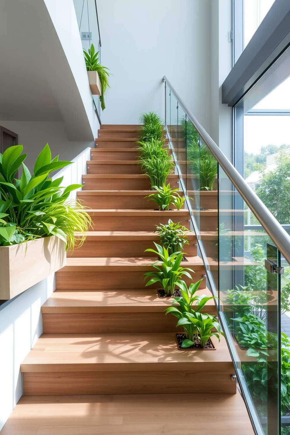 A modern staircase featuring integrated planters filled with lush greenery on either side. The steps are made of sleek wood with a glass railing that allows natural light to flow through the space.