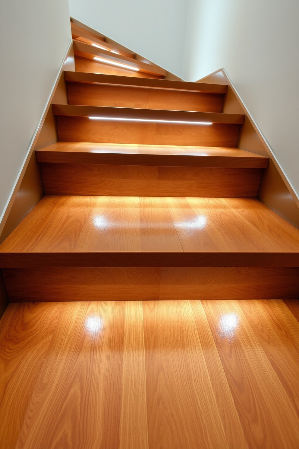 Floating wooden steps with integrated LED lighting create a striking visual effect in a contemporary staircase. The steps are crafted from rich hardwood, showcasing a natural grain, while the soft glow of the LED lights enhances the modern aesthetic and ensures safety.