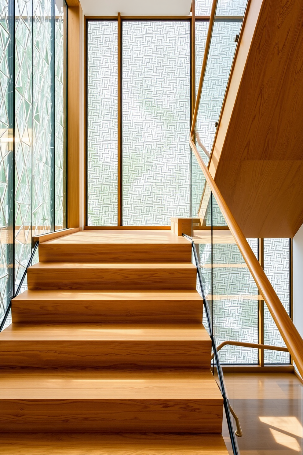 A contemporary staircase design featuring sleek wooden steps that seamlessly blend with the surrounding architecture. The staircase is flanked by patterned glass panels that allow natural light to filter through, creating an airy and open atmosphere.