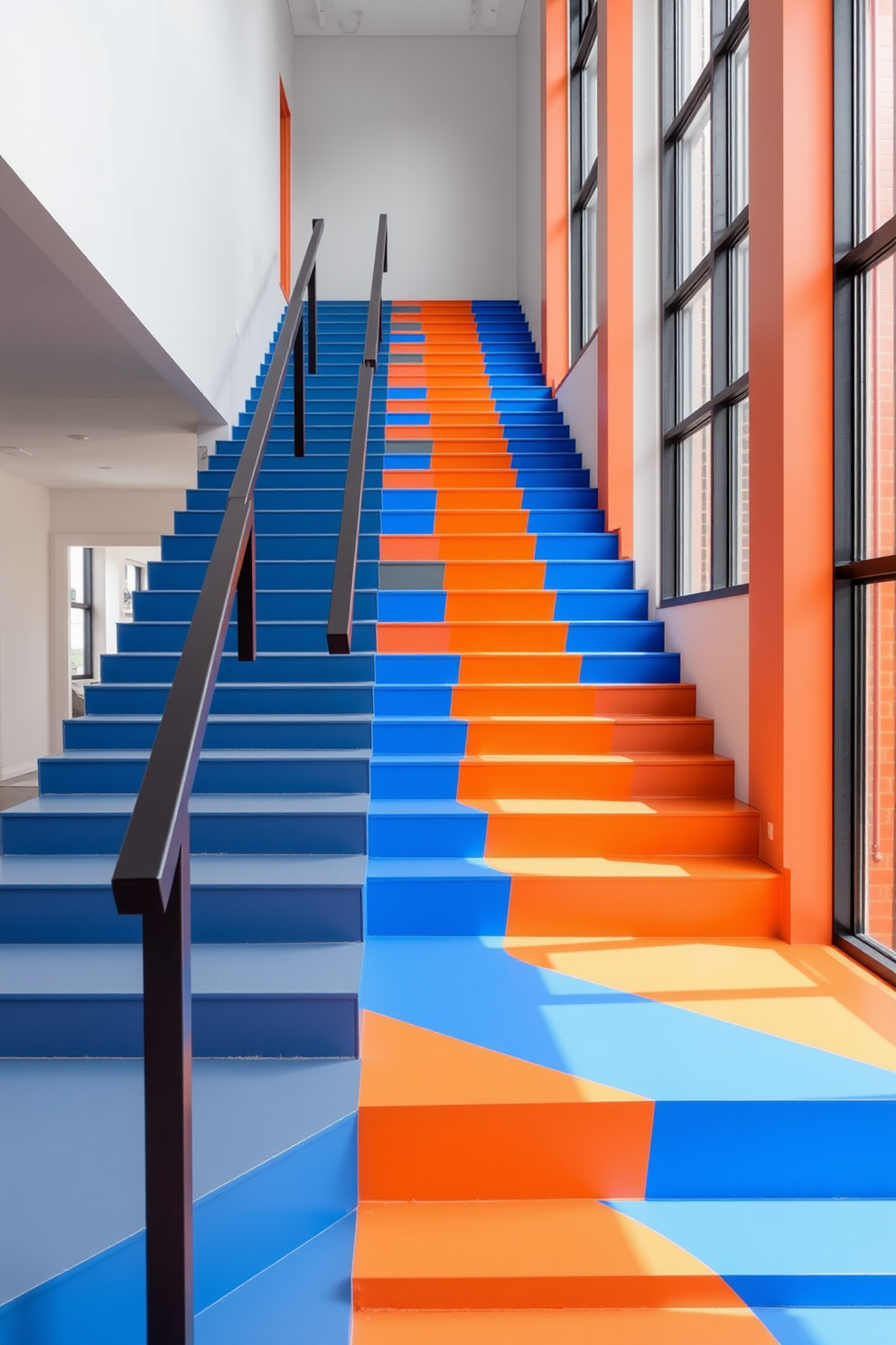 A striking staircase with bold color blocking design. The steps alternate between vibrant hues of blue and orange, creating a dynamic visual impact. The handrail is sleek and minimalist, finished in a matte black. Large windows alongside the staircase allow natural light to illuminate the colorful design, enhancing its modern aesthetic.