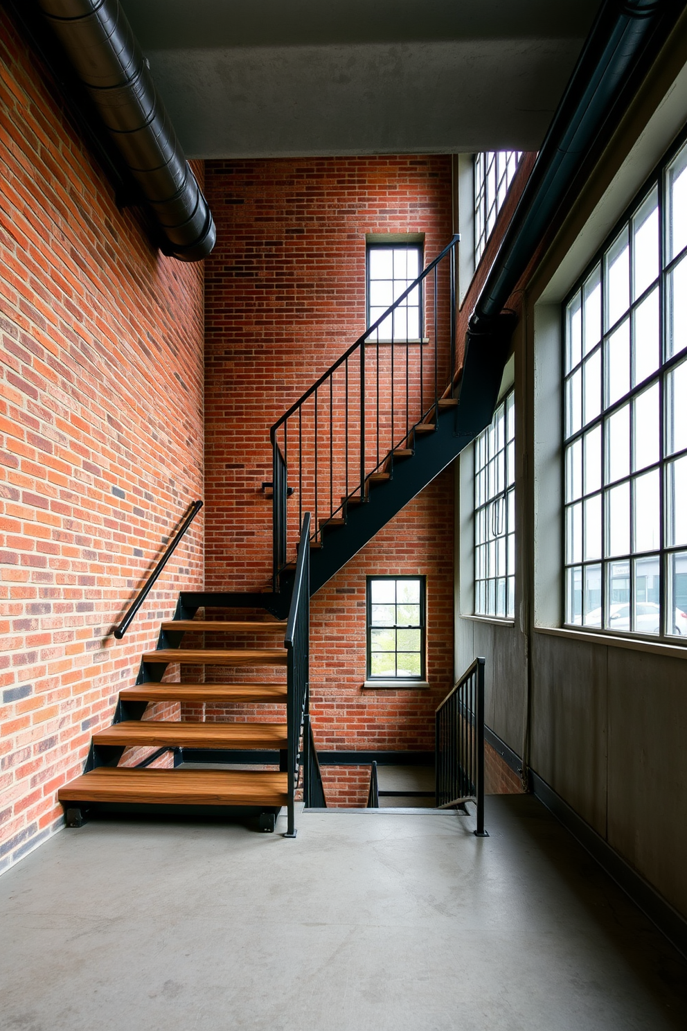 An industrial staircase features a striking exposed brick wall that adds character and warmth to the space. The staircase itself is crafted from reclaimed wood with sleek metal railings, creating a perfect blend of rustic and modern design elements. Large windows alongside the staircase allow natural light to flood the area, enhancing the industrial aesthetic. The flooring is polished concrete, providing a clean and contemporary contrast to the textured brick wall.