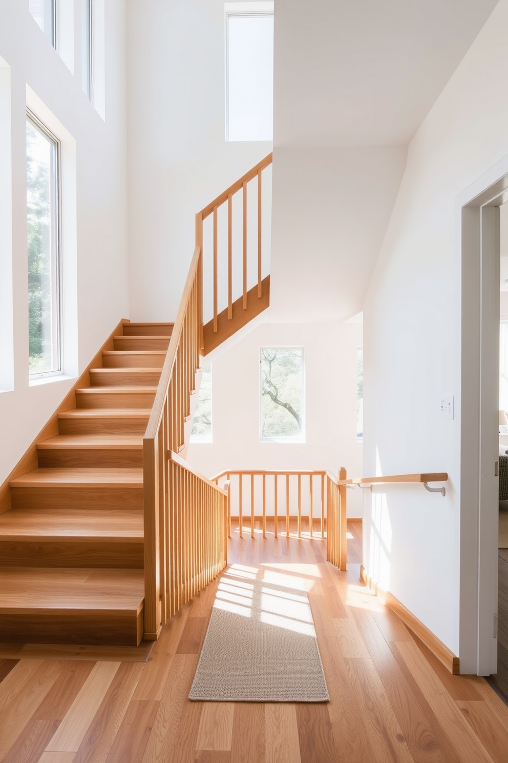 A sleek staircase with minimalist wooden balustrades gracefully ascends to the upper floor. The treads are made of polished oak, and the walls are painted in a soft white, creating a bright and airy atmosphere. Natural light floods the space through large windows, illuminating the clean lines and modern design. A simple runner rug in a neutral tone adds warmth and texture, complementing the overall contemporary aesthetic.