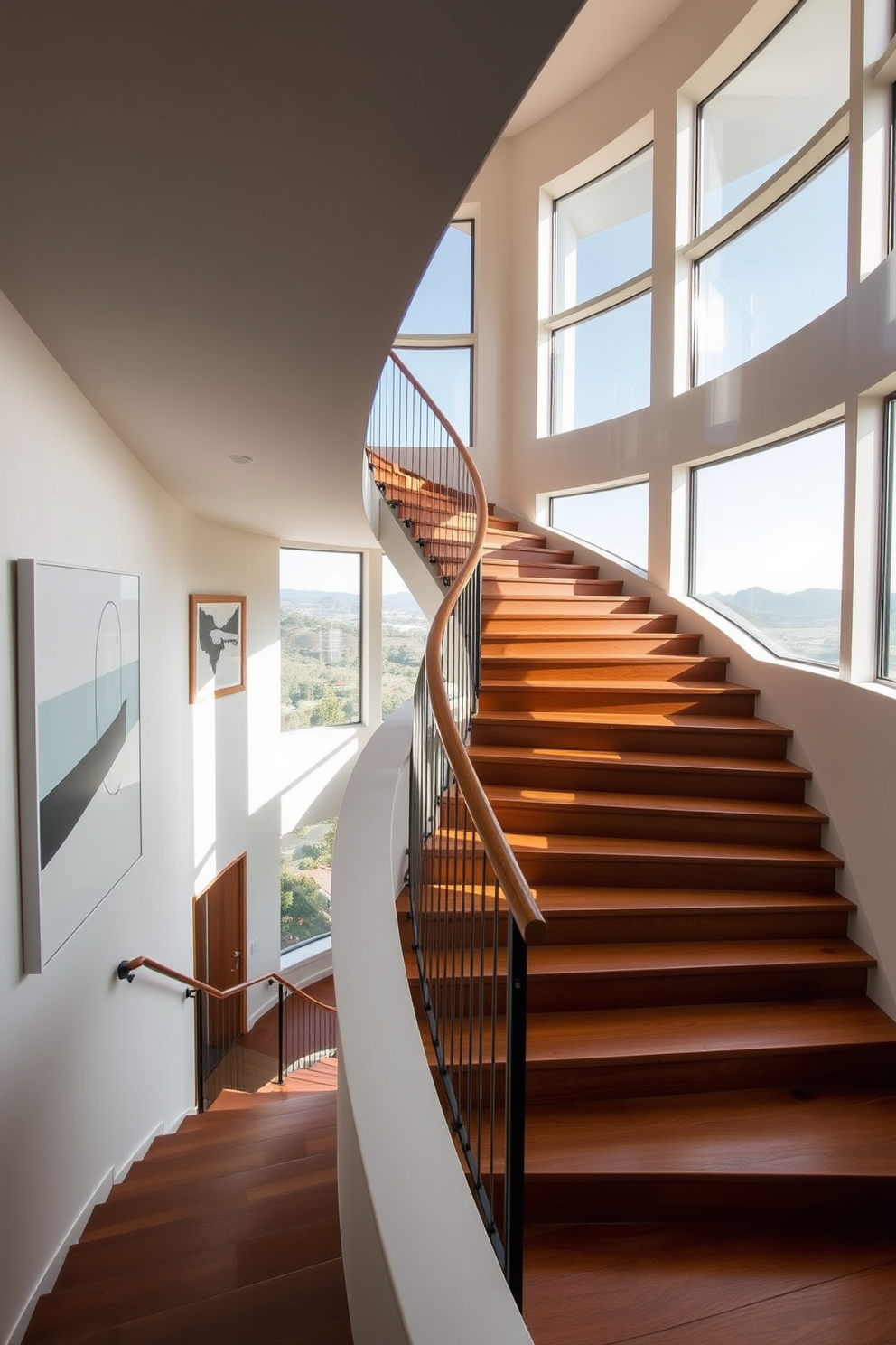 A winding staircase with panoramic windows creates a stunning focal point in the home. The staircase features sleek wooden steps that gracefully curve, allowing natural light to flood the space. The walls beside the staircase are adorned with minimalist artwork that complements the contemporary design. The panoramic windows offer breathtaking views of the surrounding landscape, enhancing the overall aesthetic of the interior.