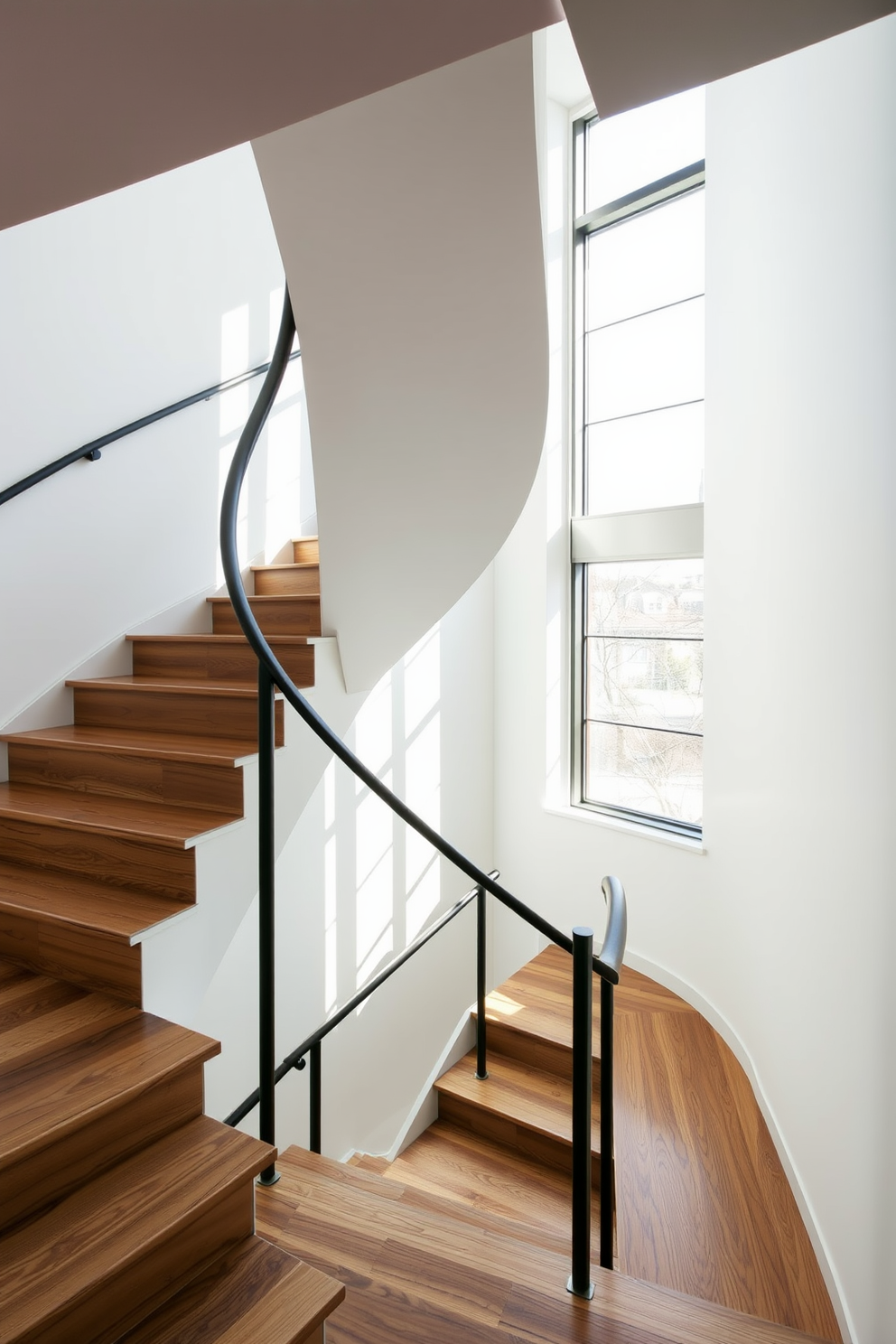 A striking staircase with an asymmetrical design featuring a mix of wood and metal elements. The treads are made of polished oak, while the railings are sleek and minimalist in a matte black finish. Natural light floods the space through large windows beside the staircase, highlighting the elegant curves and angles. The surrounding walls are painted in a soft white, providing a clean backdrop that enhances the staircase's modern aesthetic.