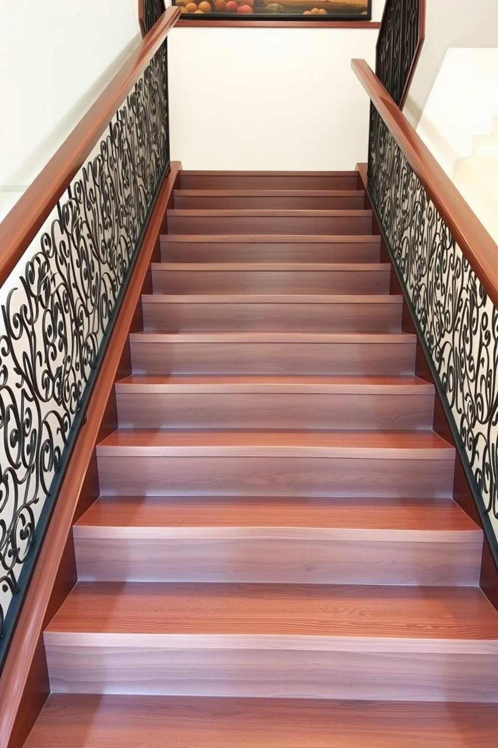 A contemporary staircase featuring sleek wooden steps with a polished finish. Decorative metal screens flank the sides, adding an artistic touch while providing privacy and elegance.