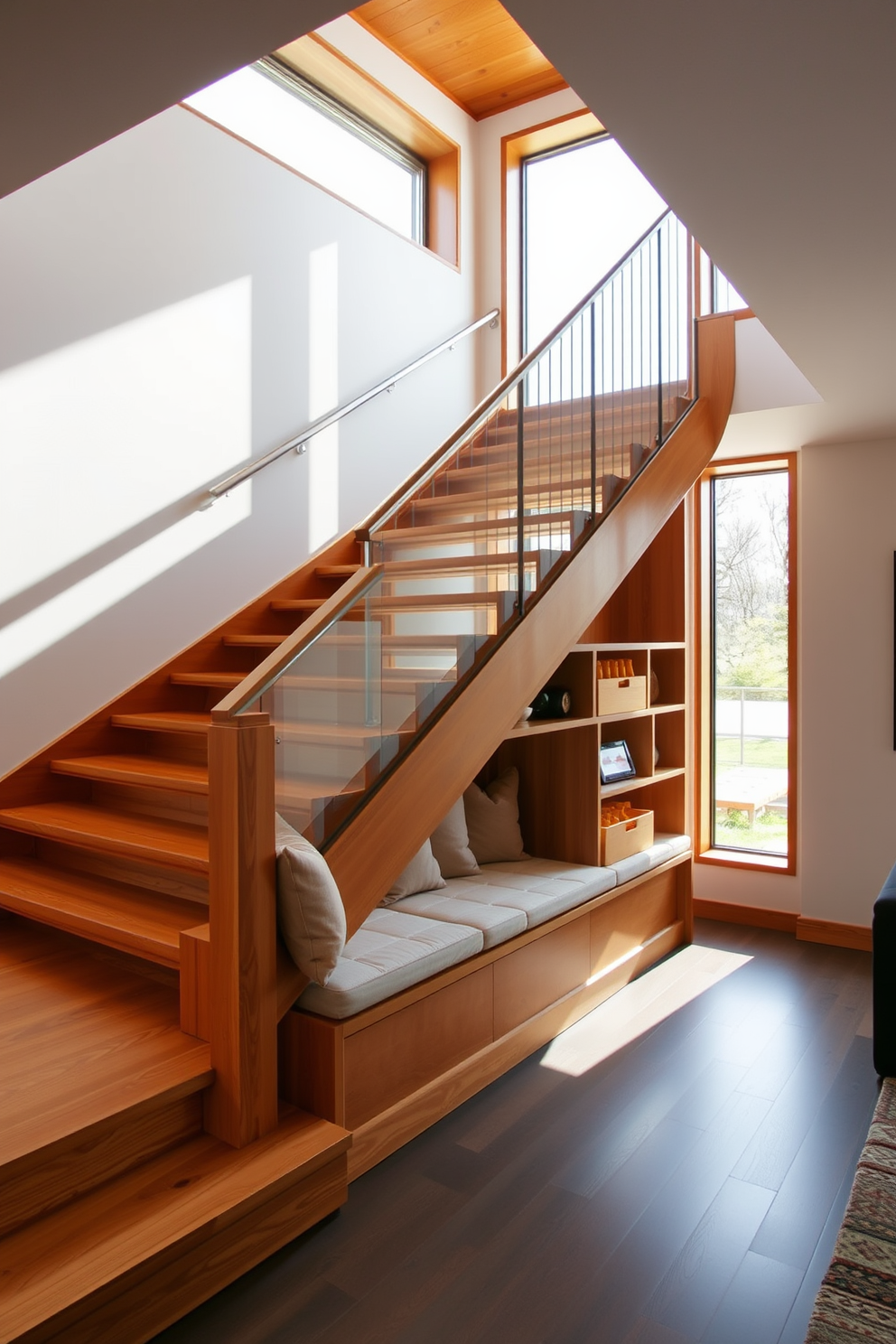 A multi-functional staircase features a sleek design that incorporates a comfortable seating area. The staircase is crafted from warm wood with built-in shelving along the side, creating an inviting space for relaxation and storage. Natural light pours in through large windows, illuminating the area and highlighting the modern railing design. Plush cushions in neutral tones are arranged on the seating, enhancing the contemporary aesthetic of the space.