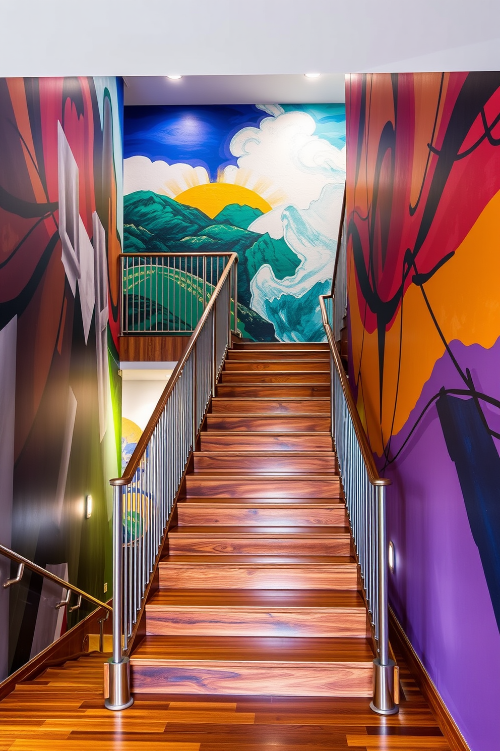 A striking staircase featuring artistic wall murals that tell a story. The staircase itself is crafted from rich hardwood, with sleek metal railings that complement the vibrant colors of the murals. The walls are adorned with large, abstract murals that create a visual focal point as you ascend. Soft, ambient lighting highlights the artwork, enhancing the contemporary feel of the space.