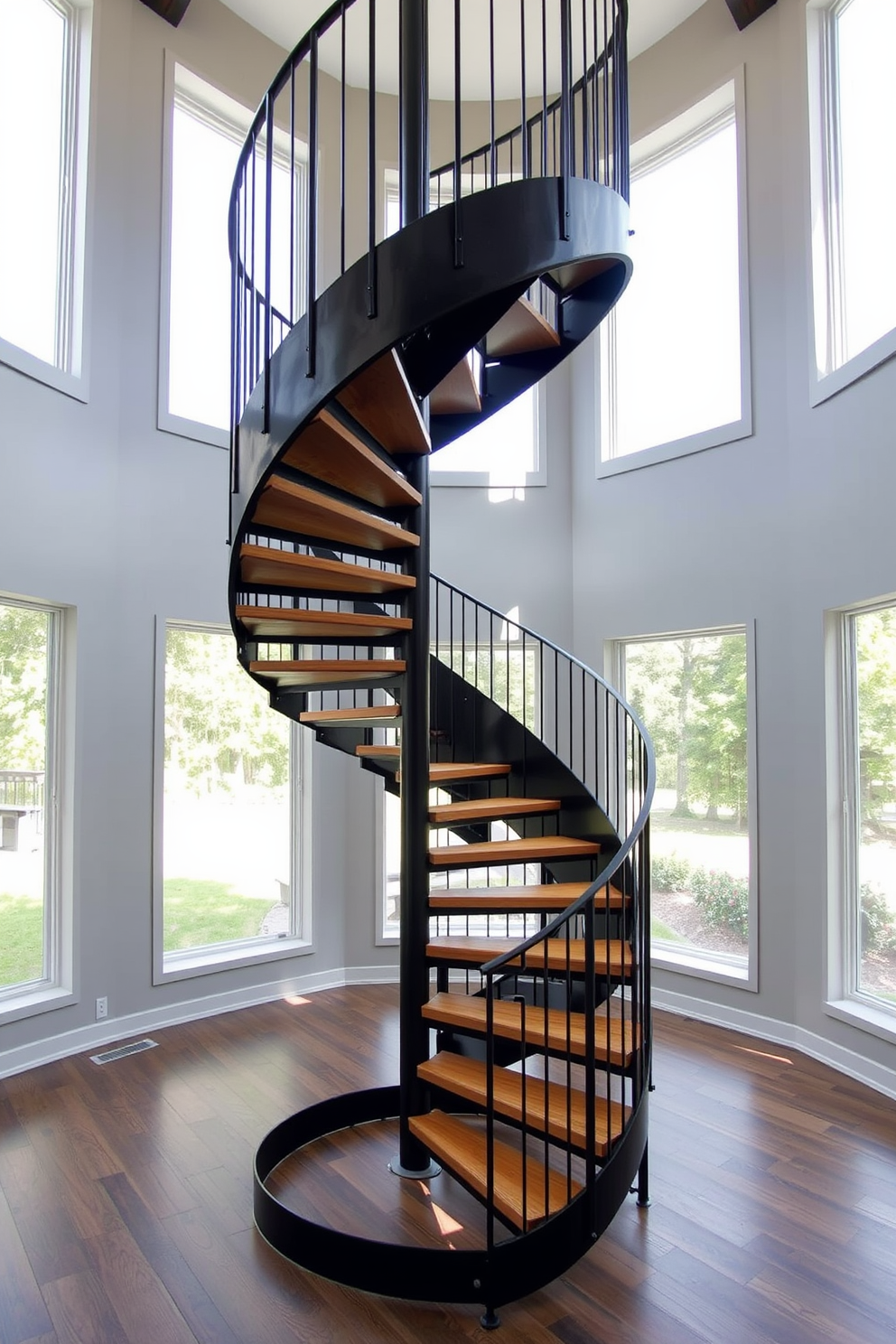 A striking metal spiral staircase with an industrial flair stands as a centerpiece in the room. The staircase features exposed steel beams and a sleek black finish, complemented by wooden treads that add warmth and character. Surrounding the staircase, large windows allow natural light to flood the space, highlighting the unique design. The walls are painted in a soft gray, enhancing the modern aesthetic of the contemporary staircase design.