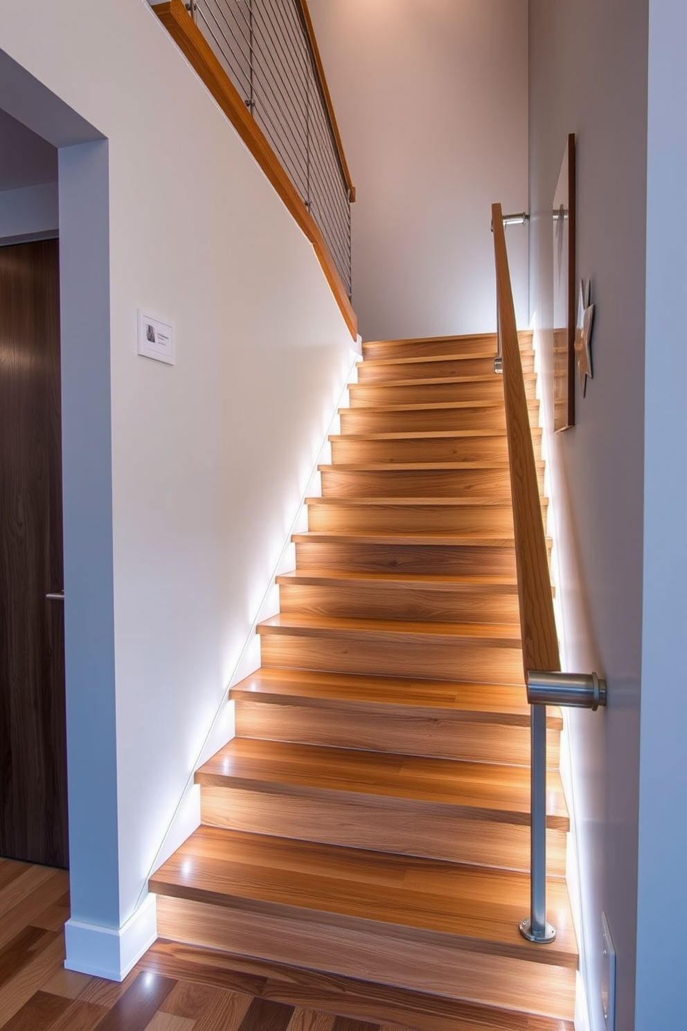 A stunning staircase design that combines wood and metal elements. The treads are crafted from rich oak, while the railing features sleek stainless steel for a modern touch. The walls beside the staircase are adorned with minimalist artwork, adding a touch of elegance. Soft LED lighting illuminates the steps, creating a warm and inviting atmosphere.