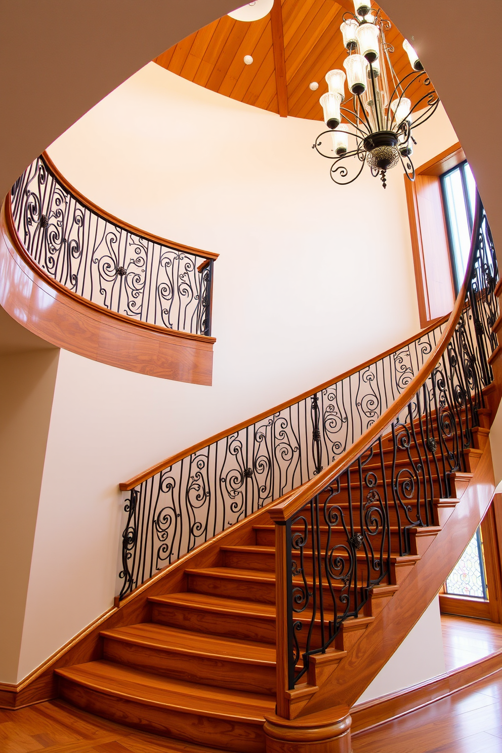 A stunning curved staircase with an elegant wood finish gracefully ascends to the upper level. The balustrade features intricate metalwork that complements the warm tones of the wood, creating a harmonious blend of modern and classic design. The staircase is illuminated by a stylish chandelier that hangs from the ceiling above. Soft lighting highlights the natural grain of the wood, enhancing the overall sophistication of the space.