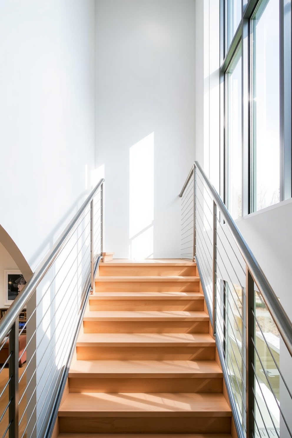 A minimalist staircase design featuring sleek metal handrails that seamlessly blend with the overall aesthetic. The steps are made of light-colored wood, creating a warm contrast against the clean lines of the metal. Natural light floods the space through large windows, highlighting the simplicity and elegance of the design. The staircase is set against a backdrop of white walls, enhancing the contemporary feel of the interior.