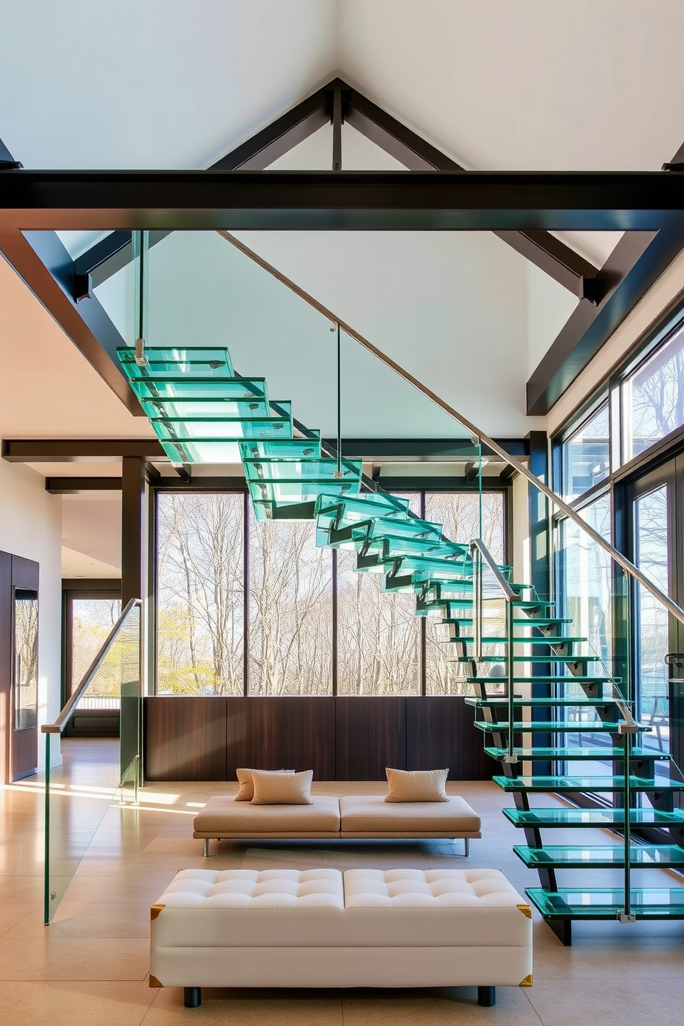 A stunning glass staircase with sleek steel support beams creates a striking focal point in the entryway. The transparent steps allow natural light to flow through, enhancing the modern aesthetic of the space. The staircase features minimalist handrails that blend seamlessly with the design, emphasizing the open feel of the area. Below, a stylish seating arrangement invites guests to pause and admire the architectural beauty.