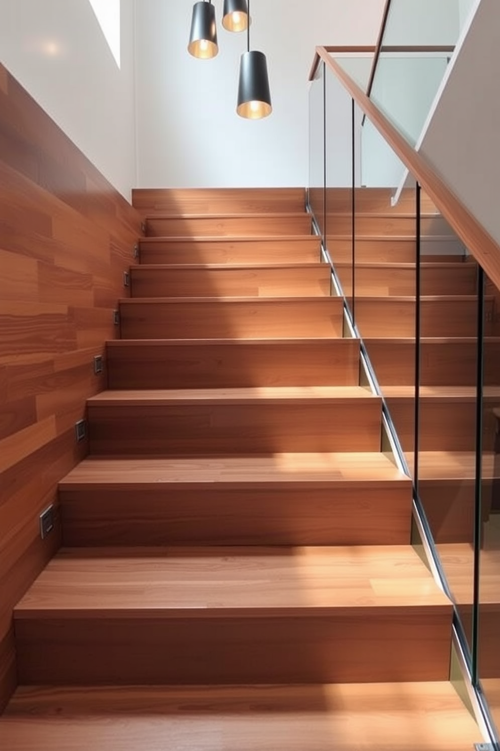 A sleek staircase features built-in storage solutions seamlessly integrated into the design. The steps are made of polished wood, and the storage compartments are crafted from matching materials, providing a cohesive look. The staircase is illuminated by modern pendant lights that hang above, casting a warm glow. A minimalist railing made of glass and metal completes the contemporary aesthetic, allowing for an unobstructed view of the space.