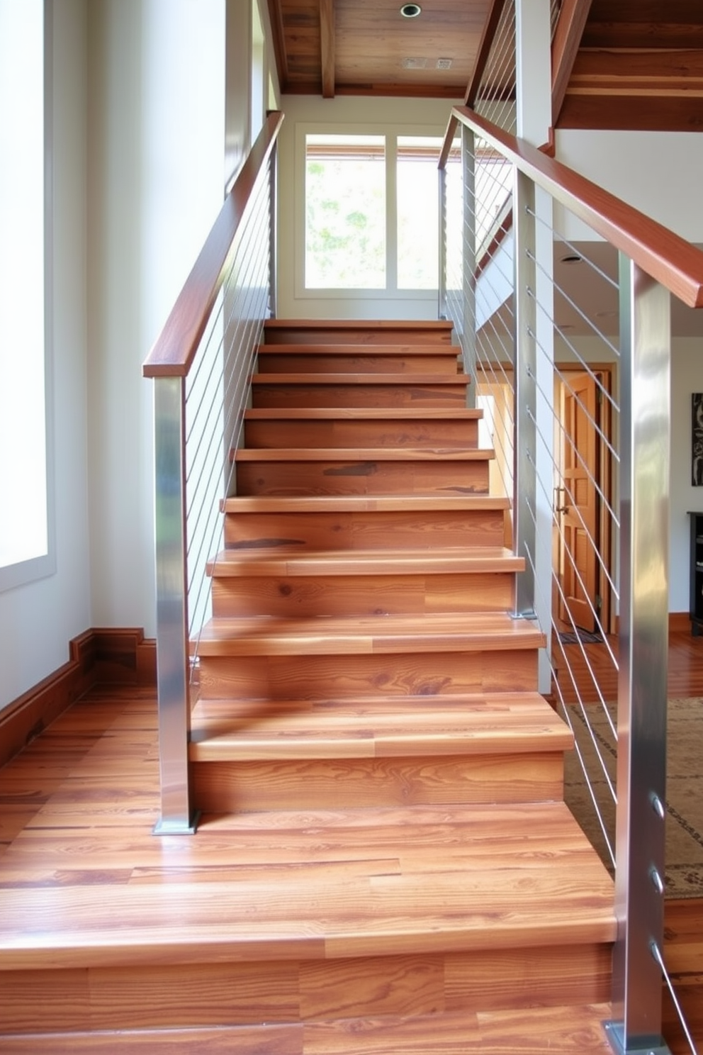 A stunning staircase design that combines rich wooden steps with sleek metal railings. The warm tones of the wood contrast beautifully with the cool finish of the metal, creating a rustic yet modern aesthetic. The staircase features open risers that allow light to flow through, enhancing the spacious feel of the area. Natural wood grain is highlighted, while the metal accents provide a contemporary touch that elevates the overall design.