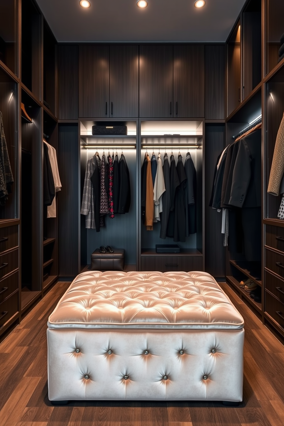 A luxurious velvet storage ottoman sits elegantly in the center of a contemporary walk-in closet. The closet features sleek built-in shelving and hanging space, with soft ambient lighting highlighting the rich textures and colors of the garments displayed.