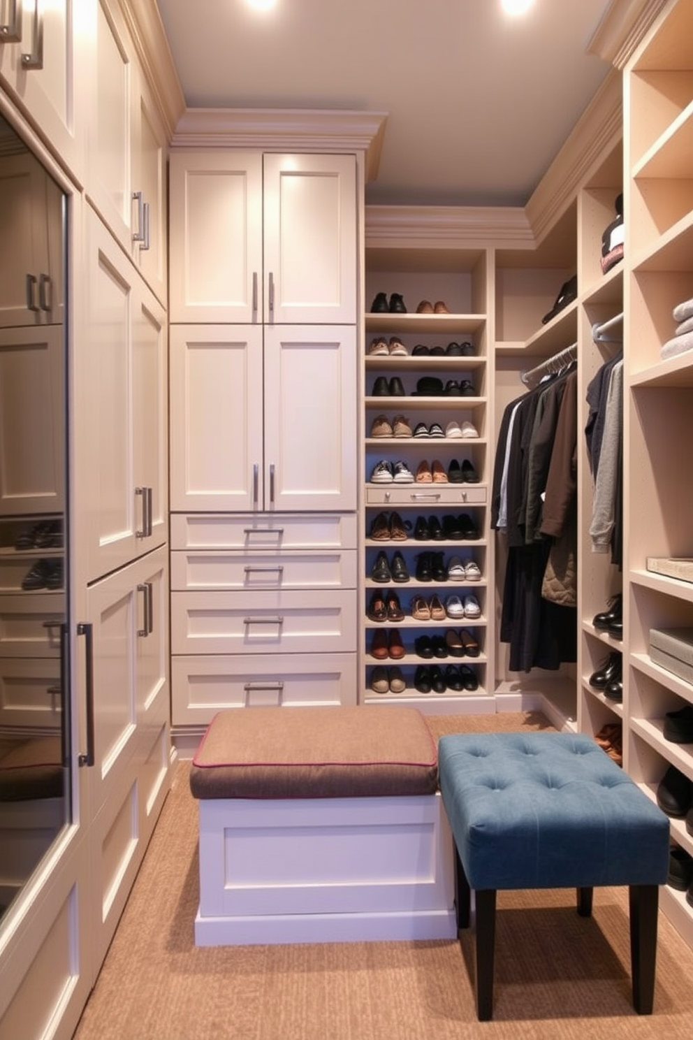 A spacious walk-in closet featuring a built-in bench for comfort. The walls are lined with custom cabinetry and open shelving, showcasing neatly organized shoes and accessories.